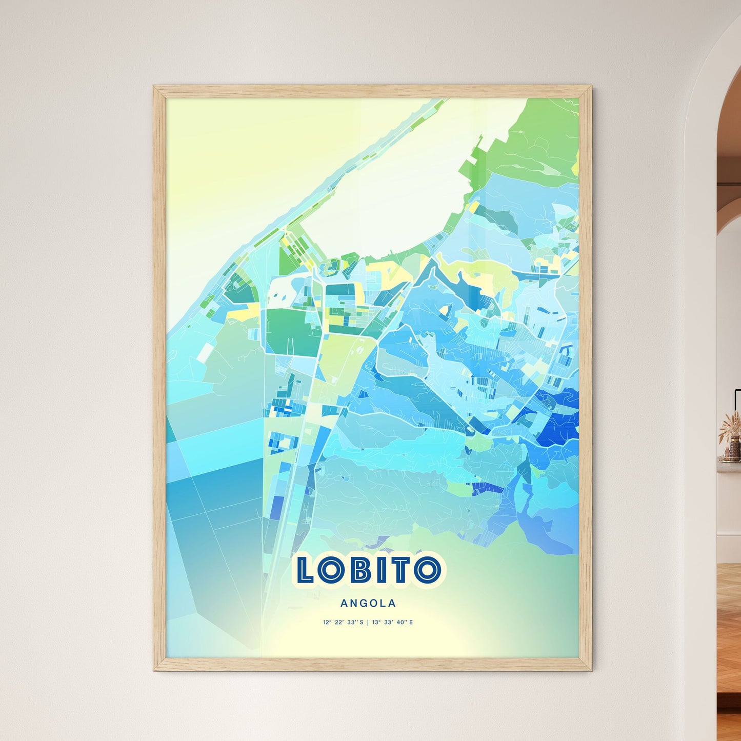 Colorful LOBITO ANGOLA Fine Art Map Cool Blue