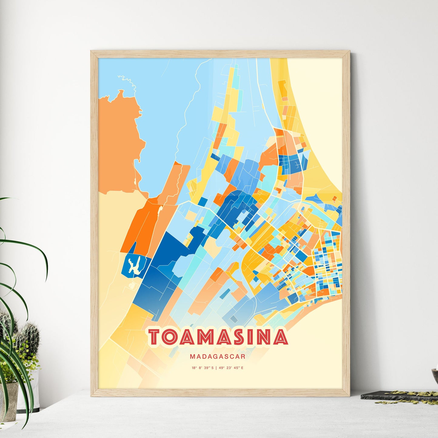 Colorful TOAMASINA MADAGASCAR Fine Art Map Blue Orange