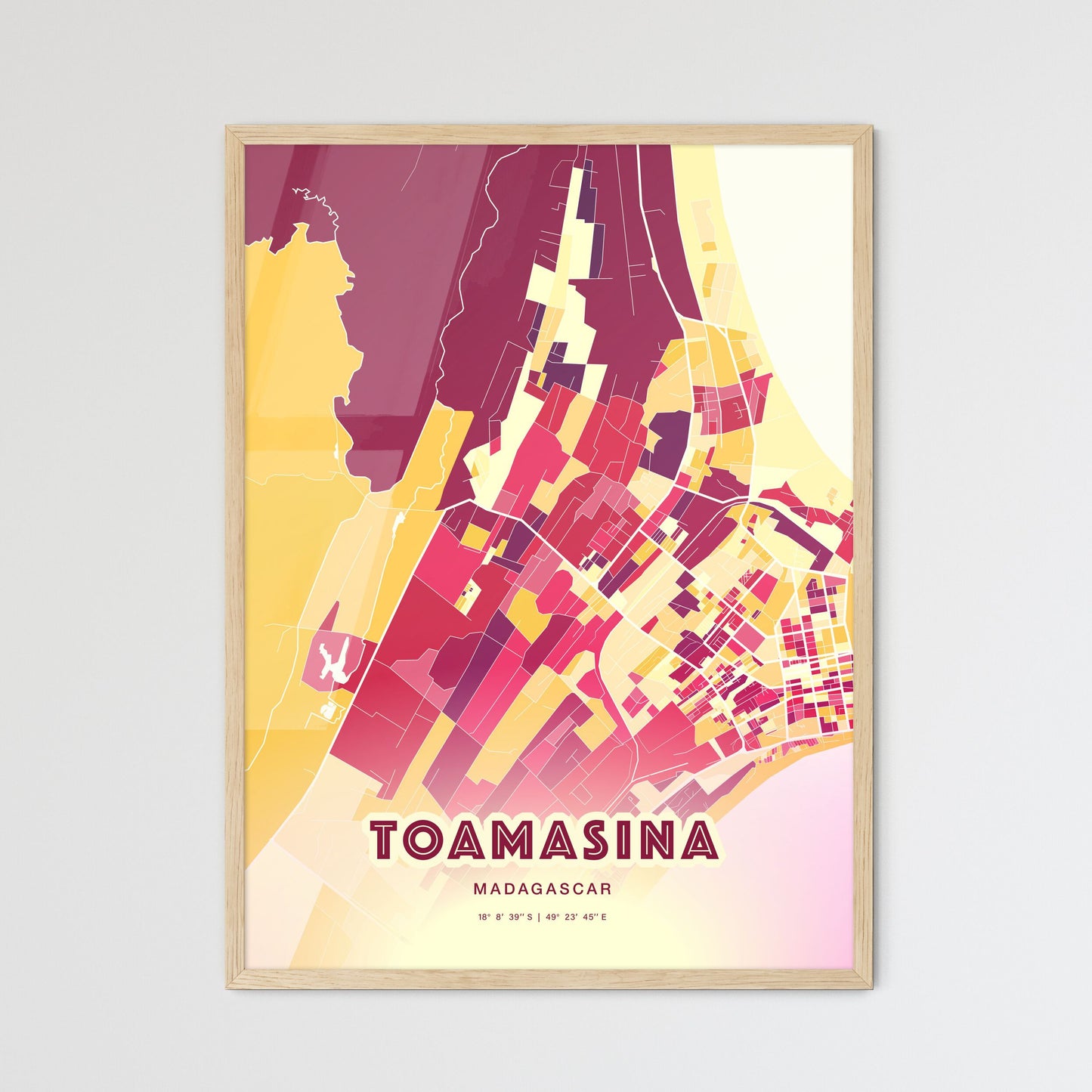 Colorful TOAMASINA MADAGASCAR Fine Art Map Hot Red