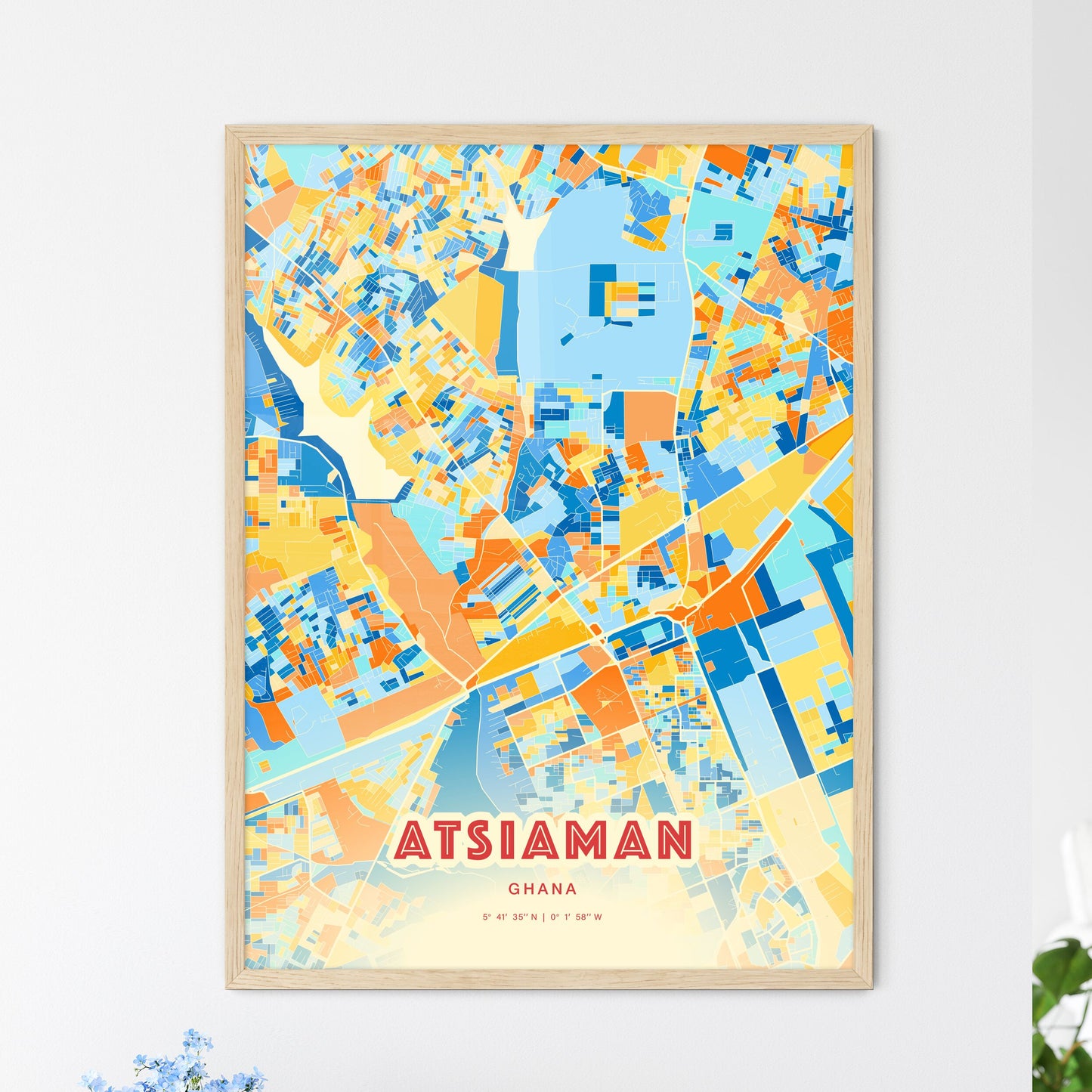 Colorful ATSIAMAN GHANA Fine Art Map Blue Orange