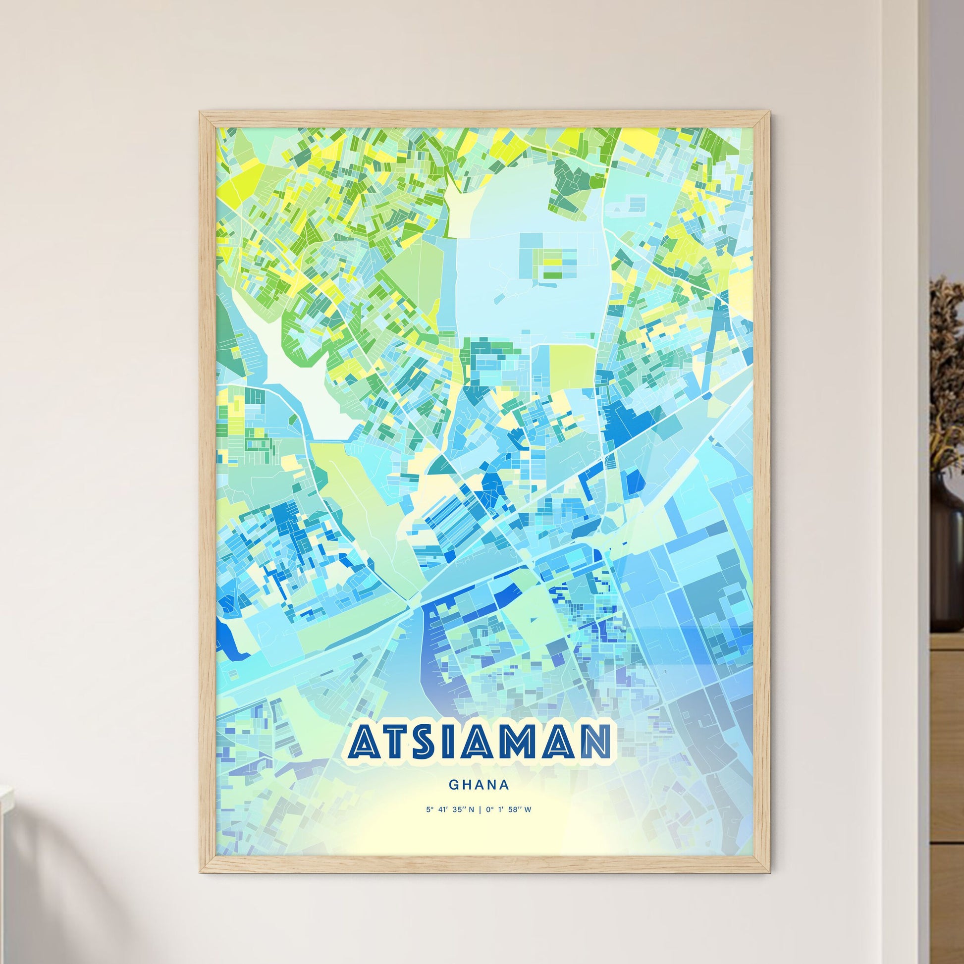 Colorful ATSIAMAN GHANA Fine Art Map Cool Blue