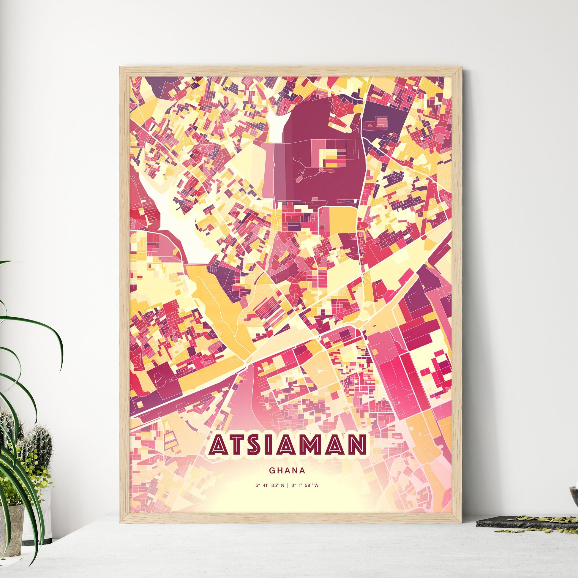 Colorful ATSIAMAN GHANA Fine Art Map Hot Red