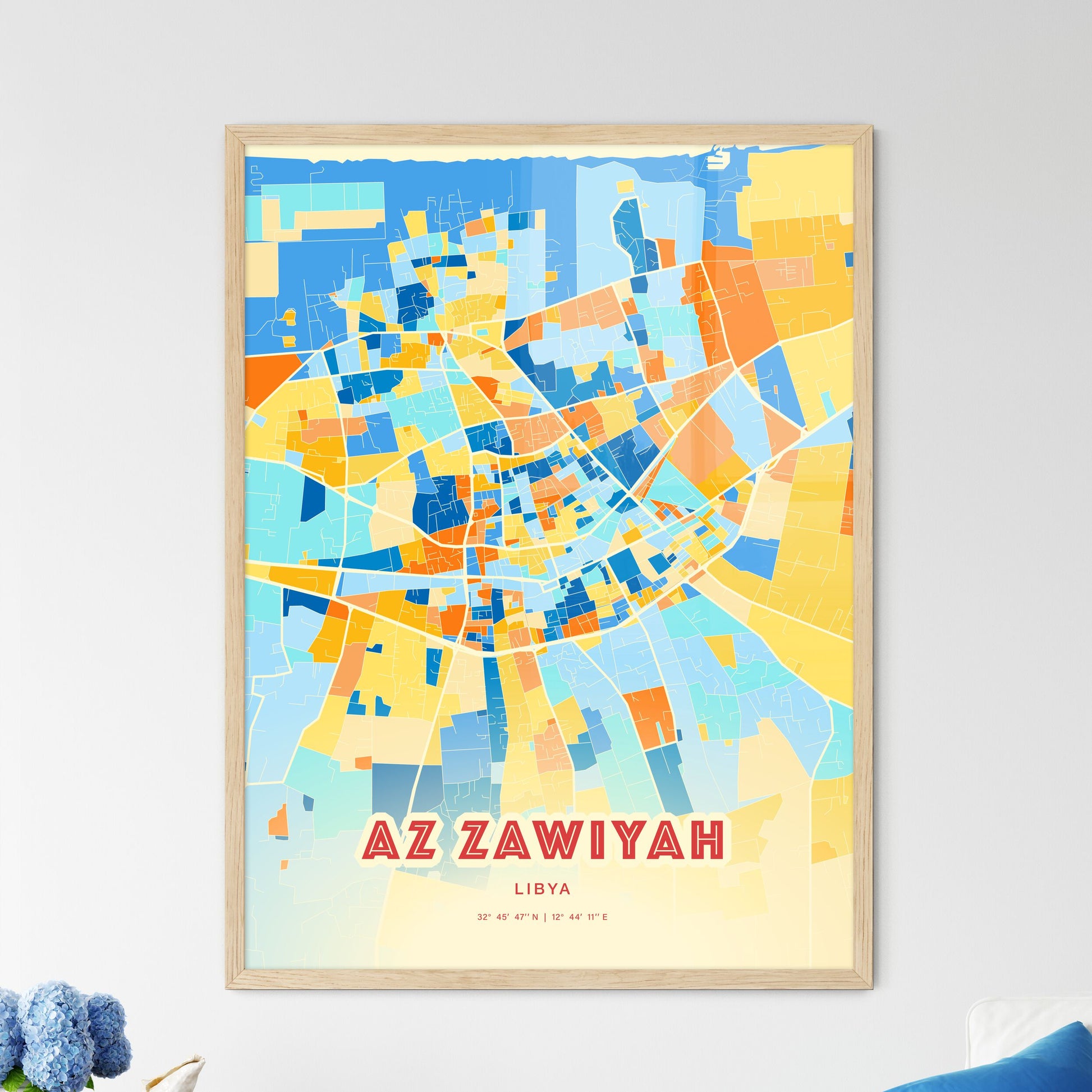 Colorful AZ ZAWIYAH LIBYA Fine Art Map Blue Orange