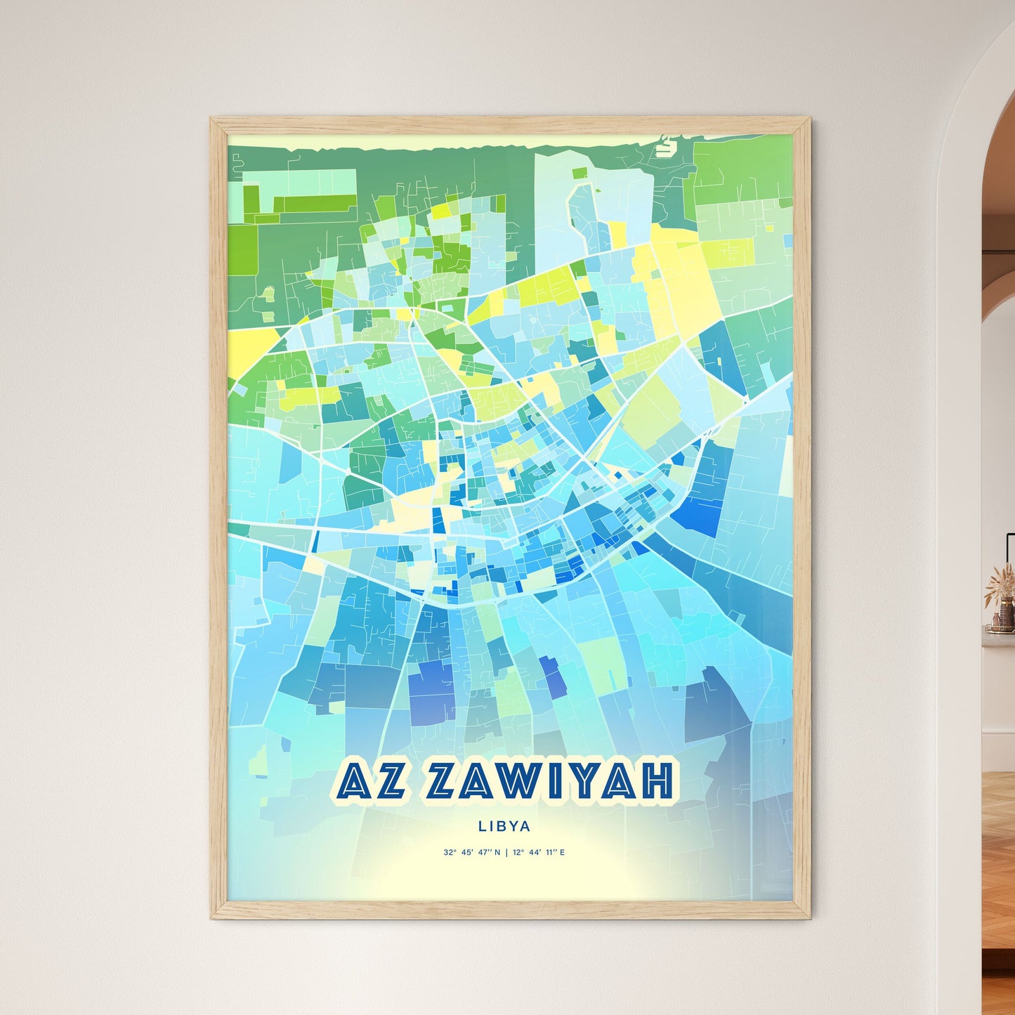 Colorful AZ ZAWIYAH LIBYA Fine Art Map Cool Blue