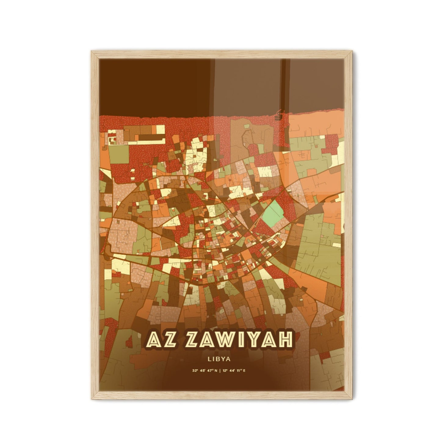 Colorful AZ ZAWIYAH LIBYA Fine Art Map Farmhouse