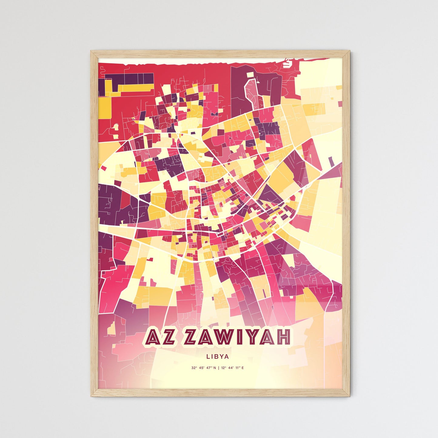 Colorful AZ ZAWIYAH LIBYA Fine Art Map Hot Red