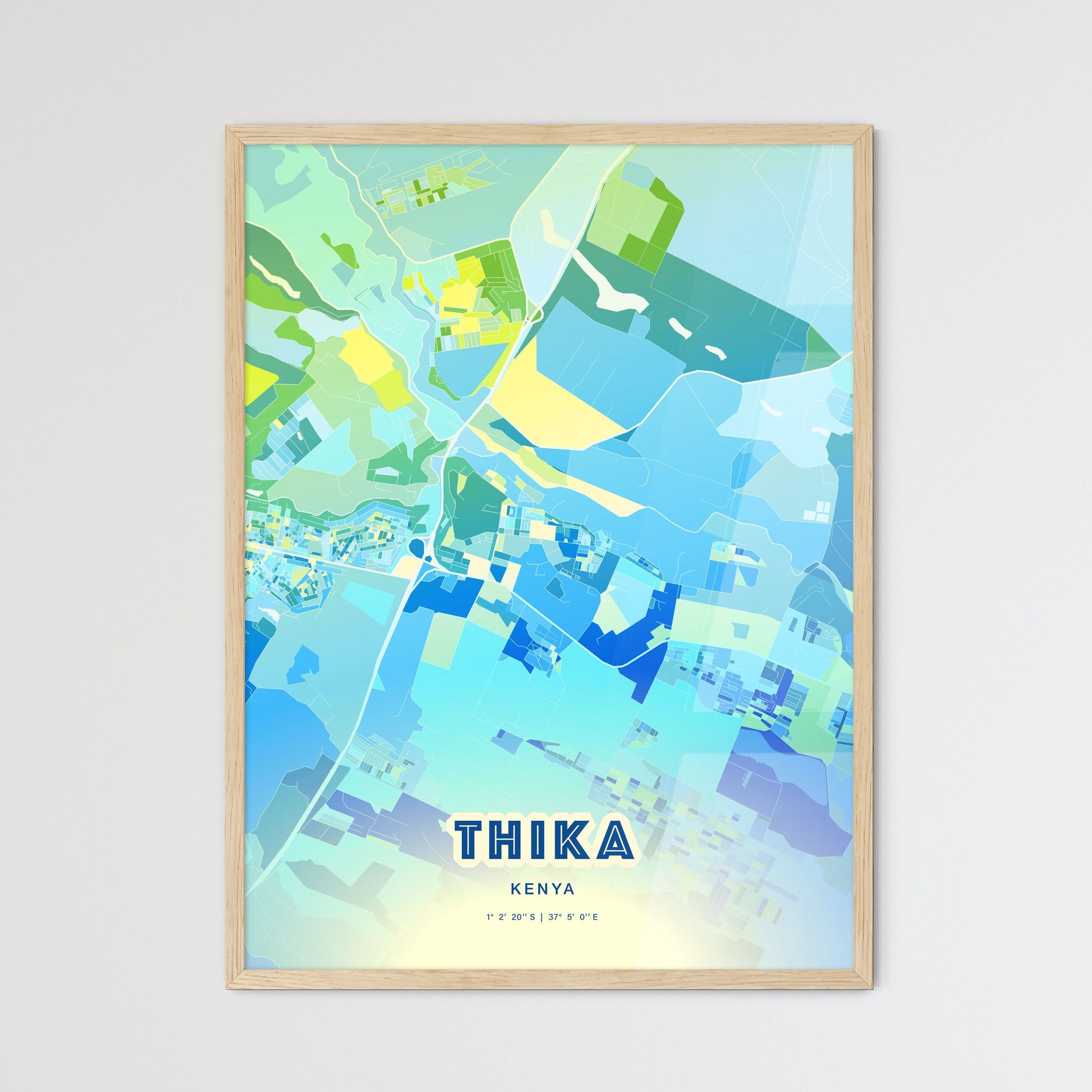 Colorful THIKA KENYA Fine Art Map Cool Blue