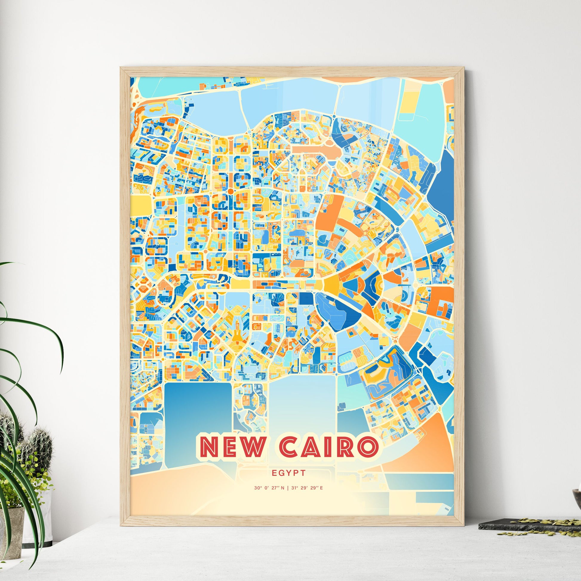 Colorful NEW CAIRO EGYPT Fine Art Map Blue Orange