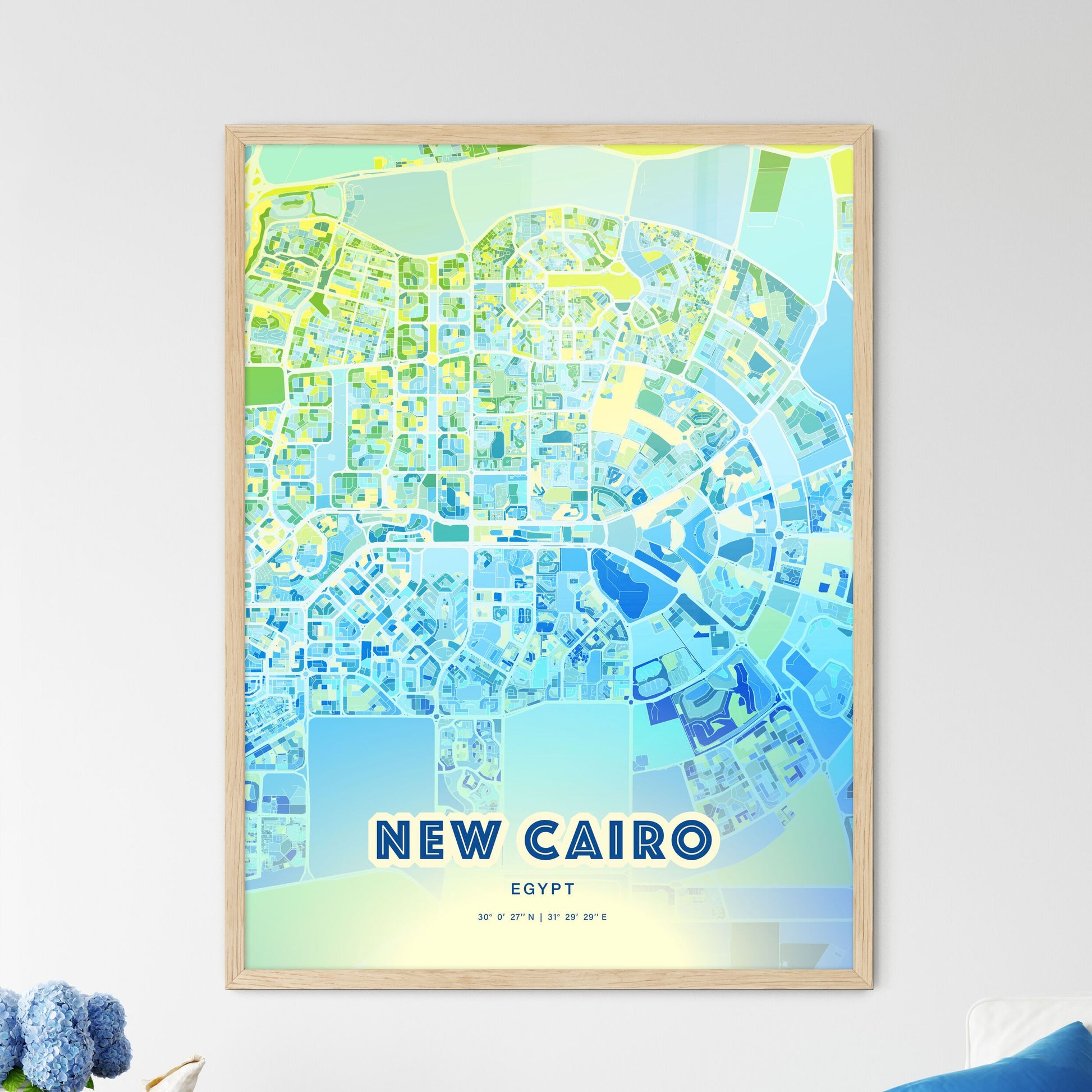 Colorful NEW CAIRO EGYPT Fine Art Map Cool Blue