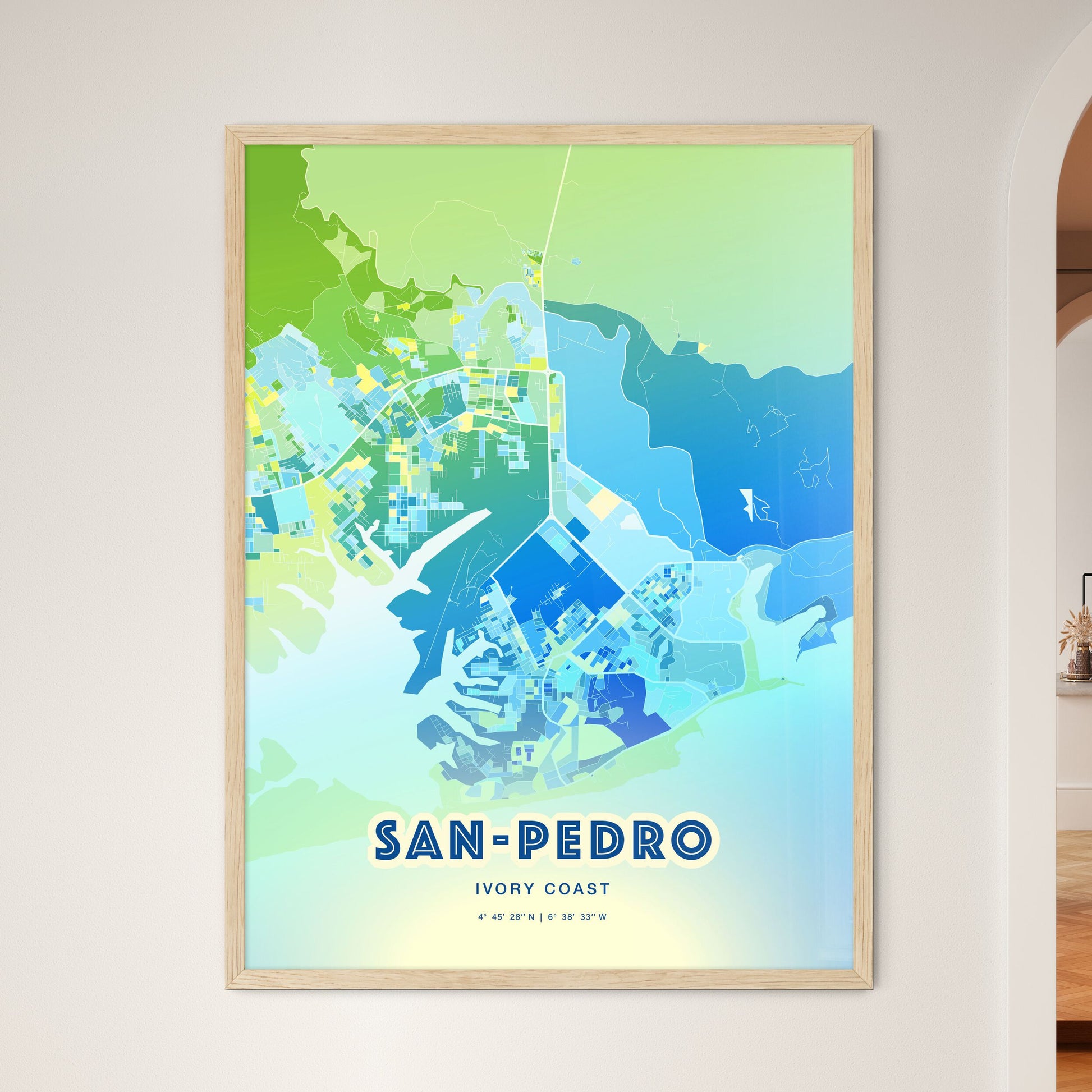 Colorful SAN-PEDRO IVORY COAST Fine Art Map Cool Blue