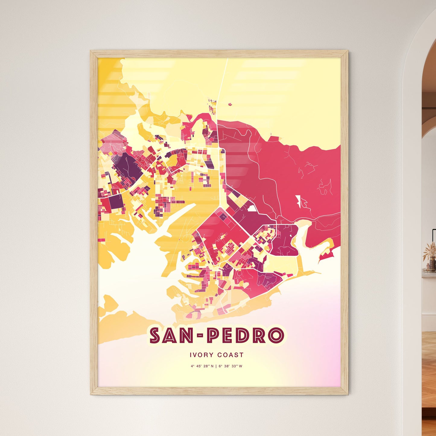 Colorful SAN-PEDRO IVORY COAST Fine Art Map Hot Red