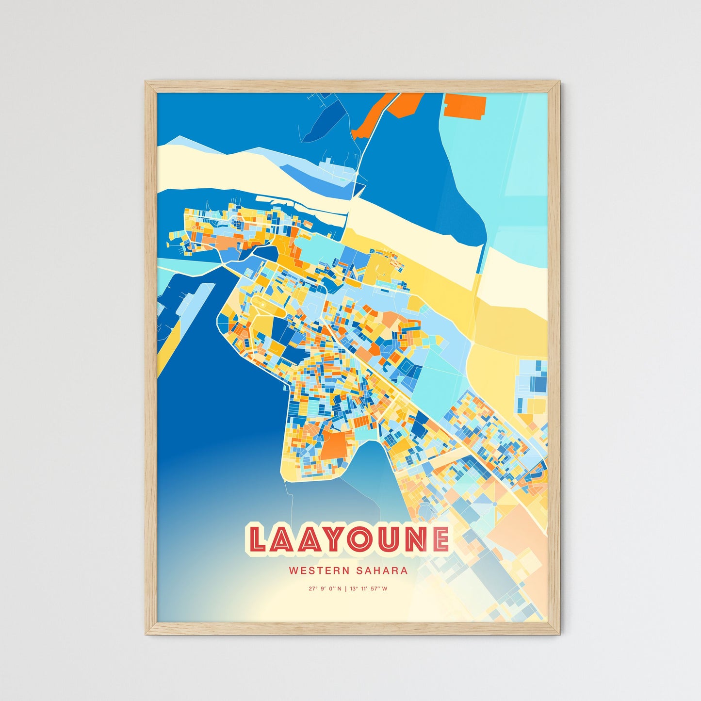 Colorful LAAYOUNE WESTERN SAHARA Fine Art Map Blue Orange