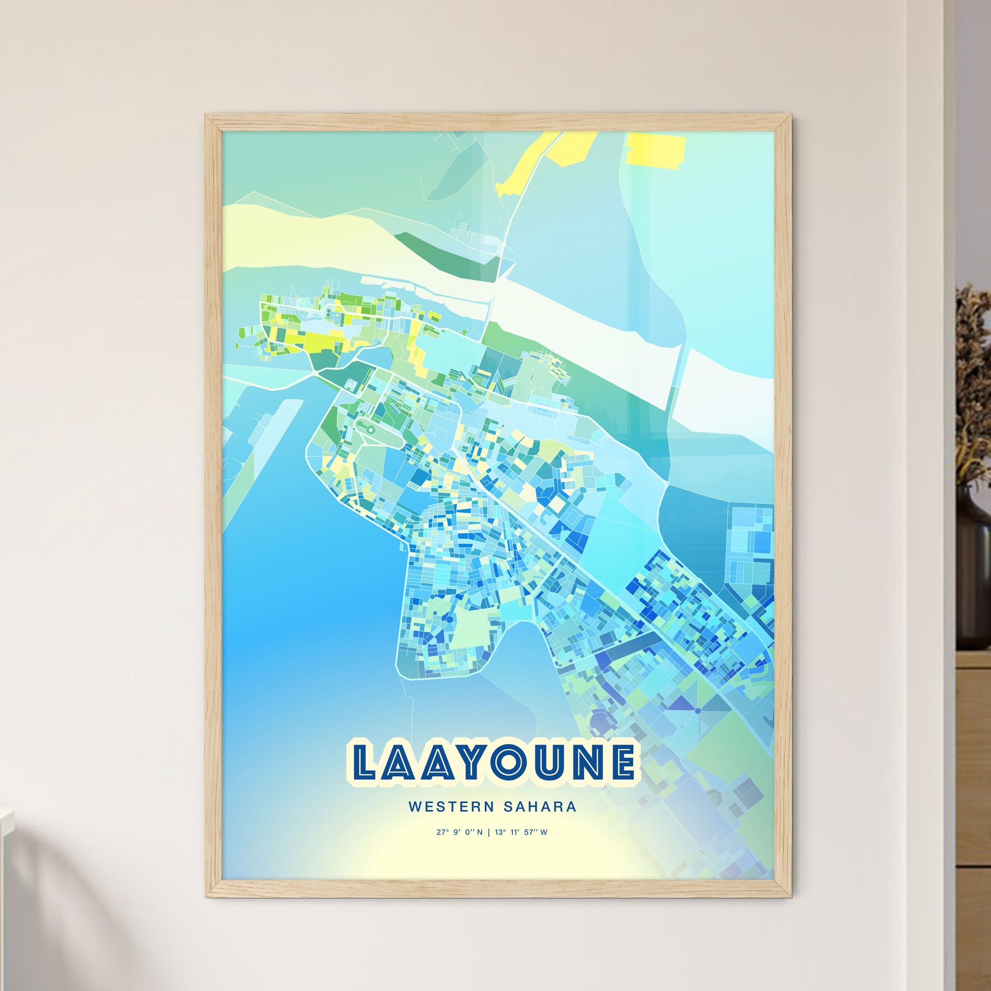 Colorful LAAYOUNE WESTERN SAHARA Fine Art Map Cool Blue