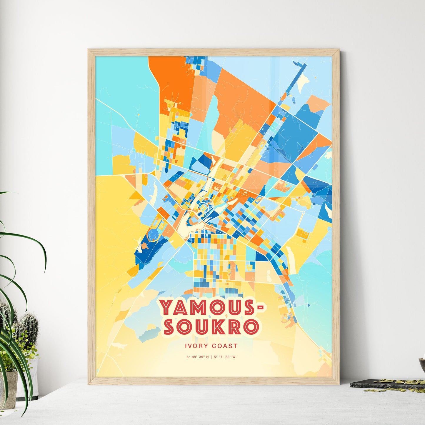 Colorful YAMOUSSOUKRO IVORY COAST Fine Art Map Blue Orange