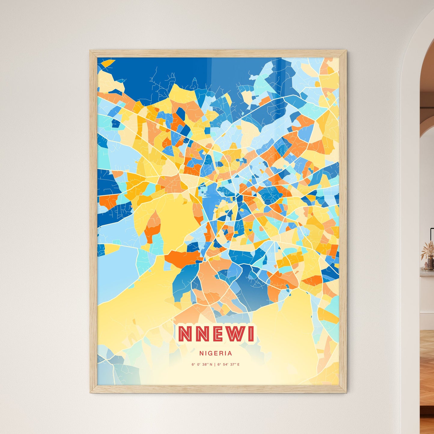 Colorful NNEWI NIGERIA Fine Art Map Blue Orange