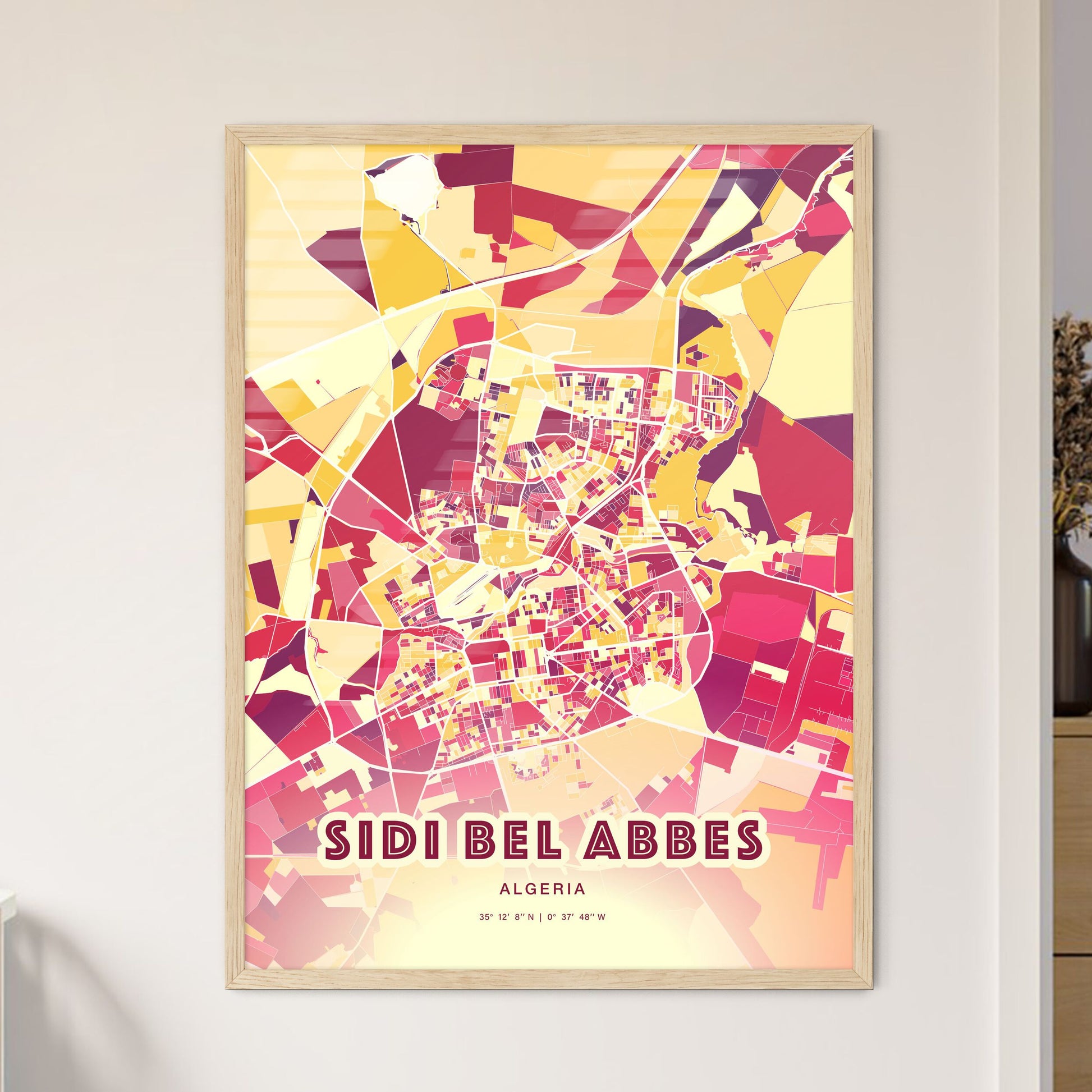 Colorful SIDI BEL ABBES ALGERIA Fine Art Map Hot Red