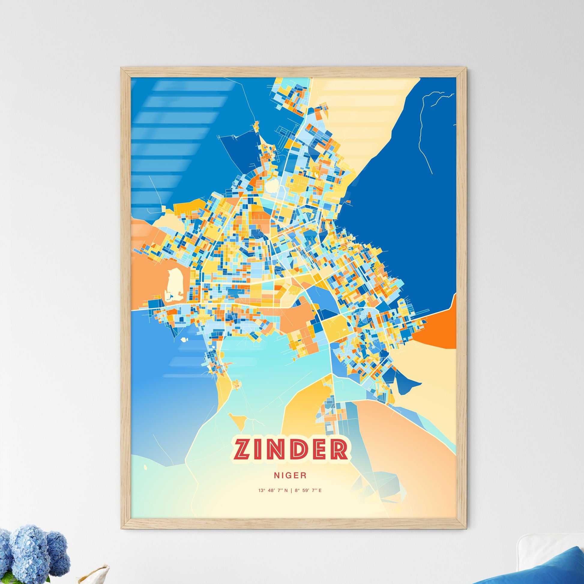 Colorful ZINDER NIGER Fine Art Map Blue Orange