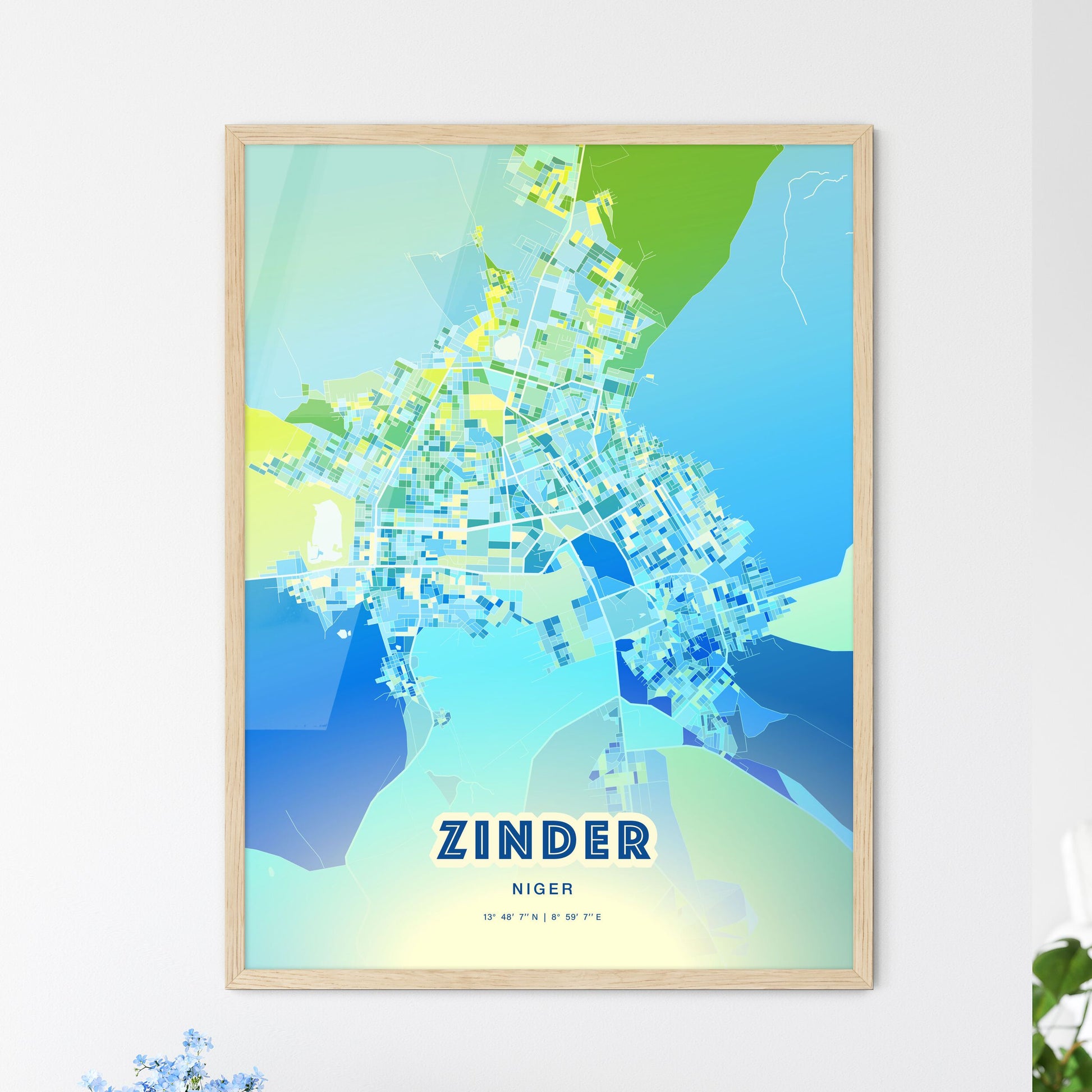 Colorful ZINDER NIGER Fine Art Map Cool Blue