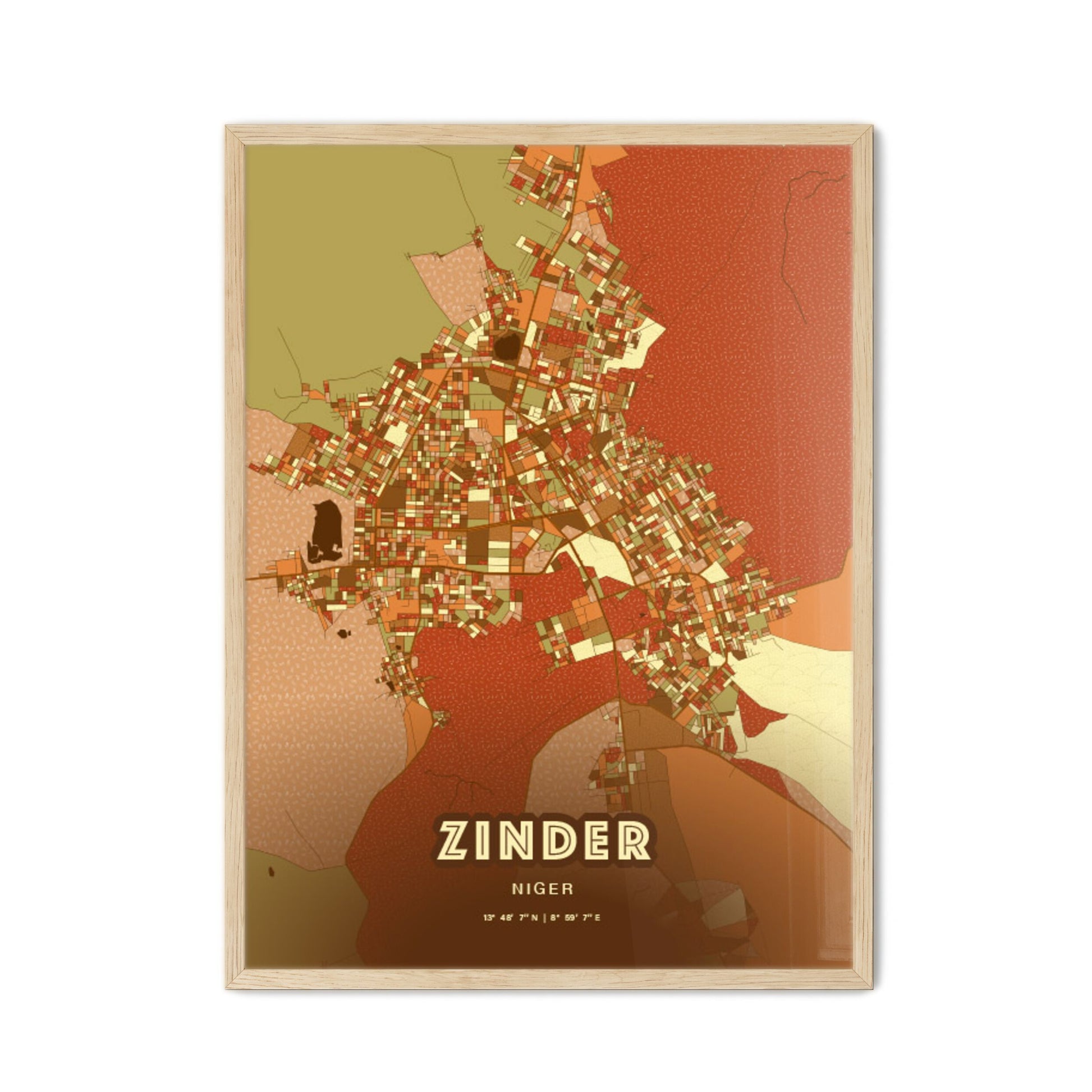 Colorful ZINDER NIGER Fine Art Map Farmhouse