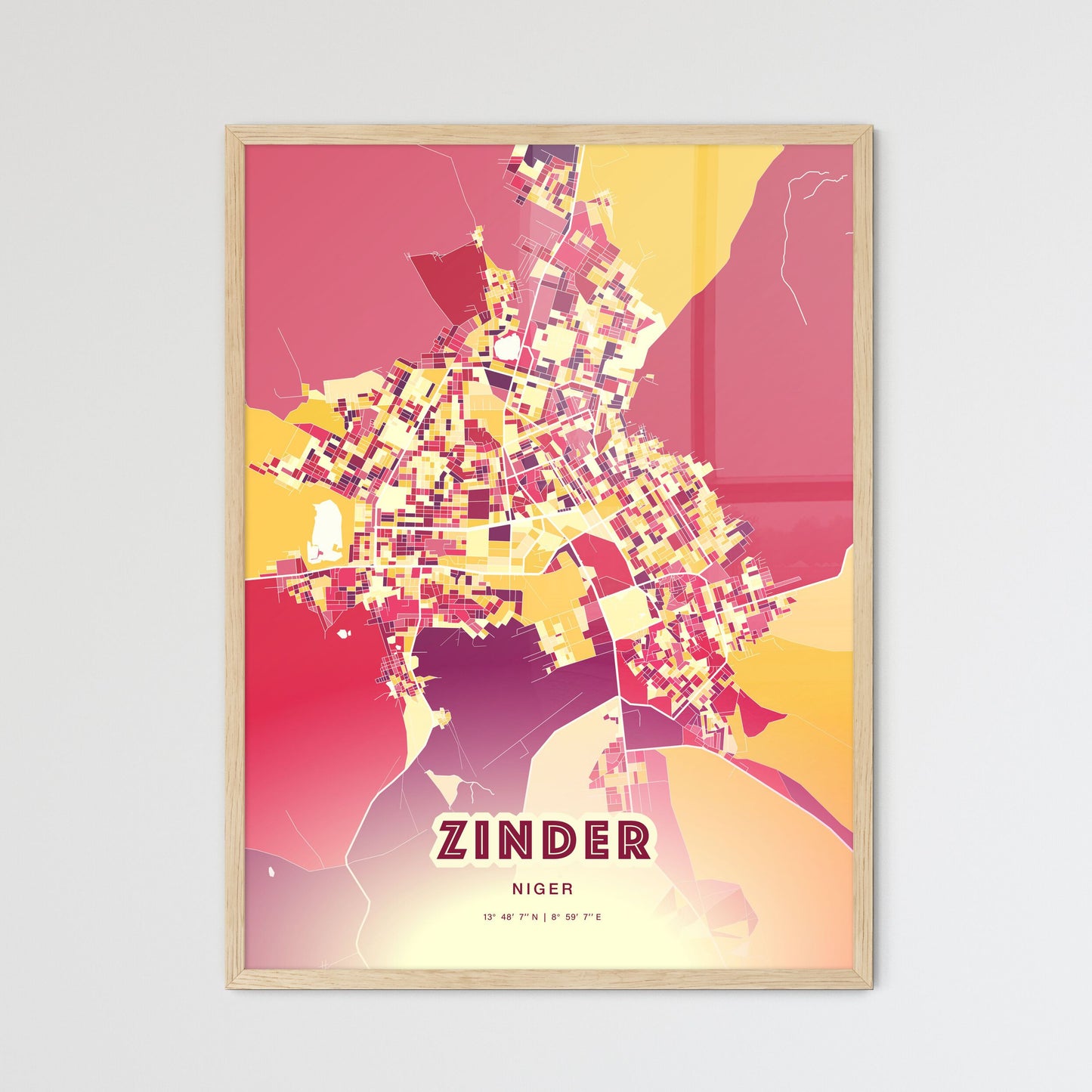 Colorful ZINDER NIGER Fine Art Map Hot Red