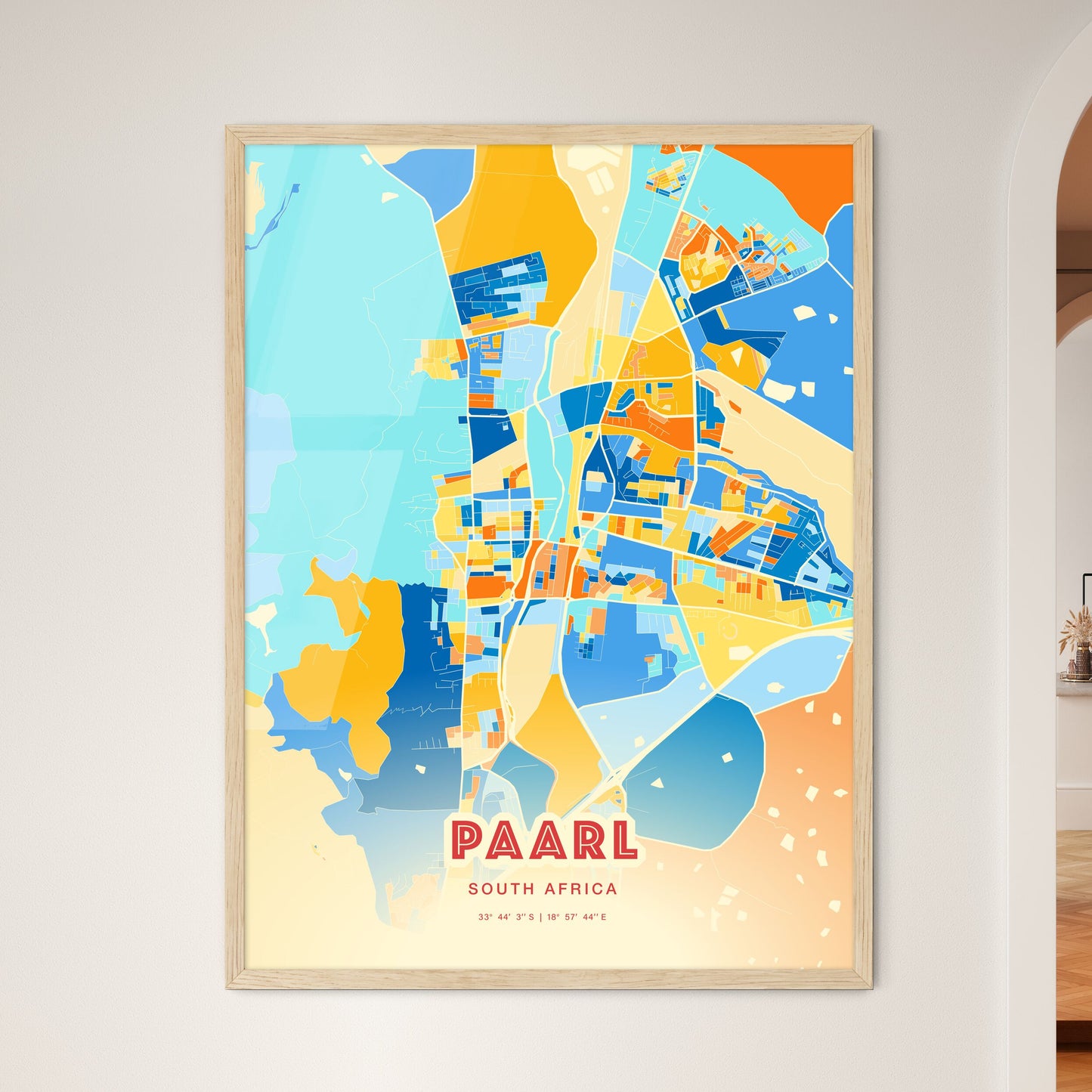 Colorful PAARL SOUTH AFRICA Fine Art Map Blue Orange