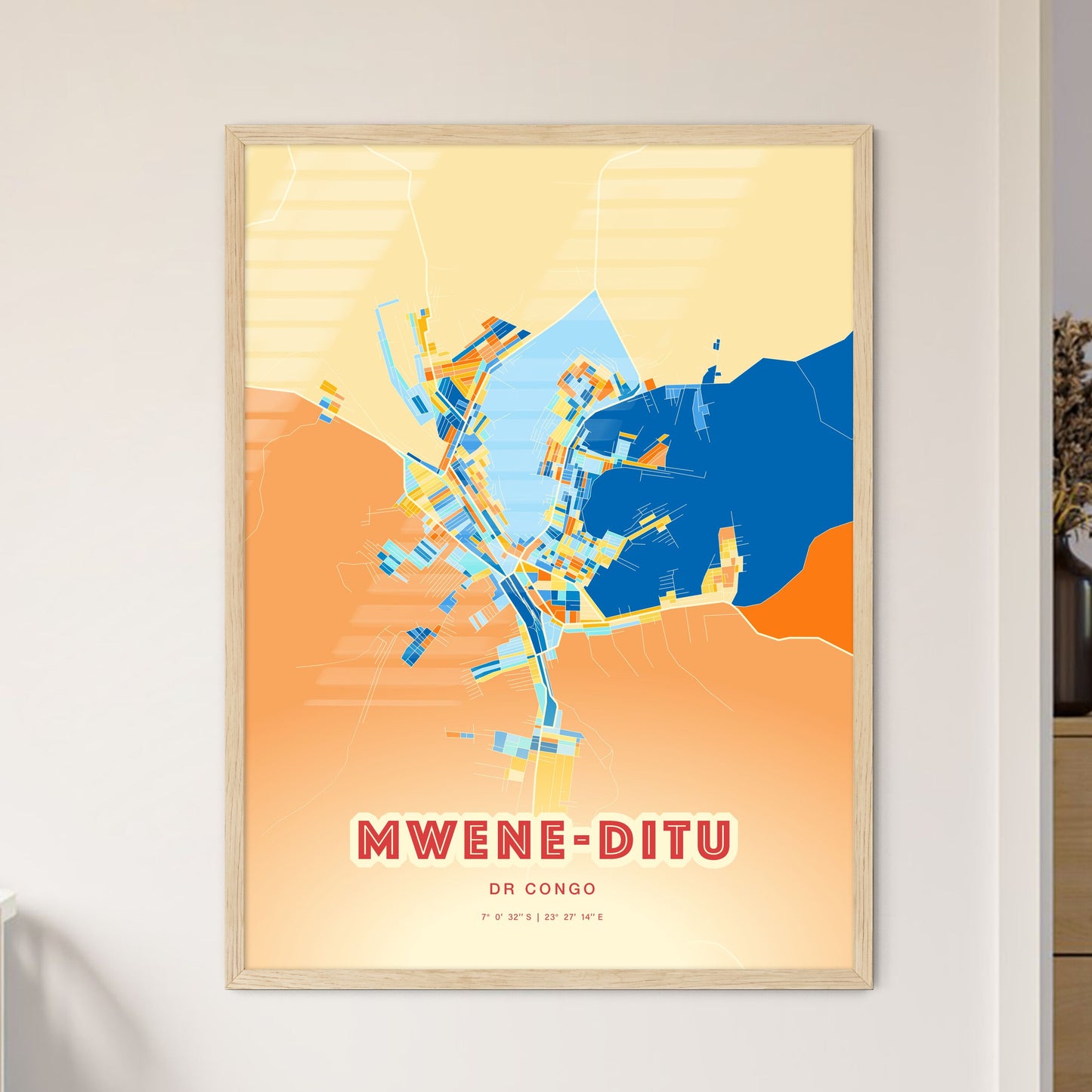 Colorful MWENE-DITU DR CONGO Fine Art Map Blue Orange