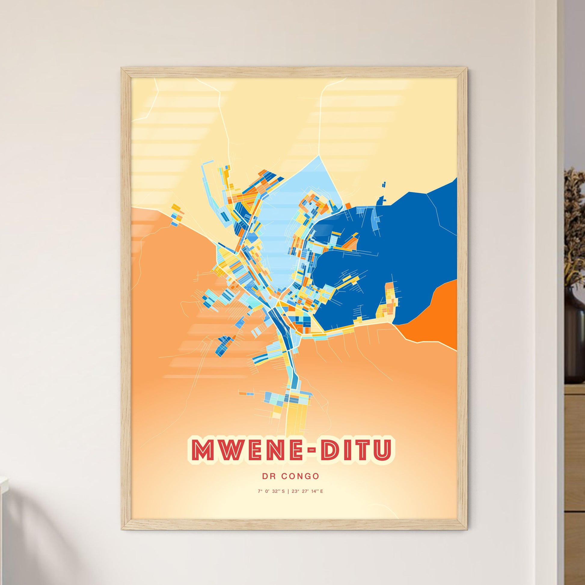 Colorful MWENE-DITU DR CONGO Fine Art Map Blue Orange