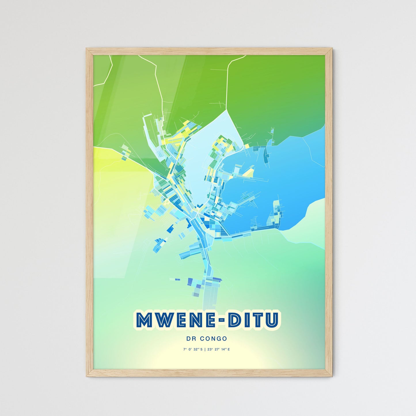 Colorful MWENE-DITU DR CONGO Fine Art Map Cool Blue