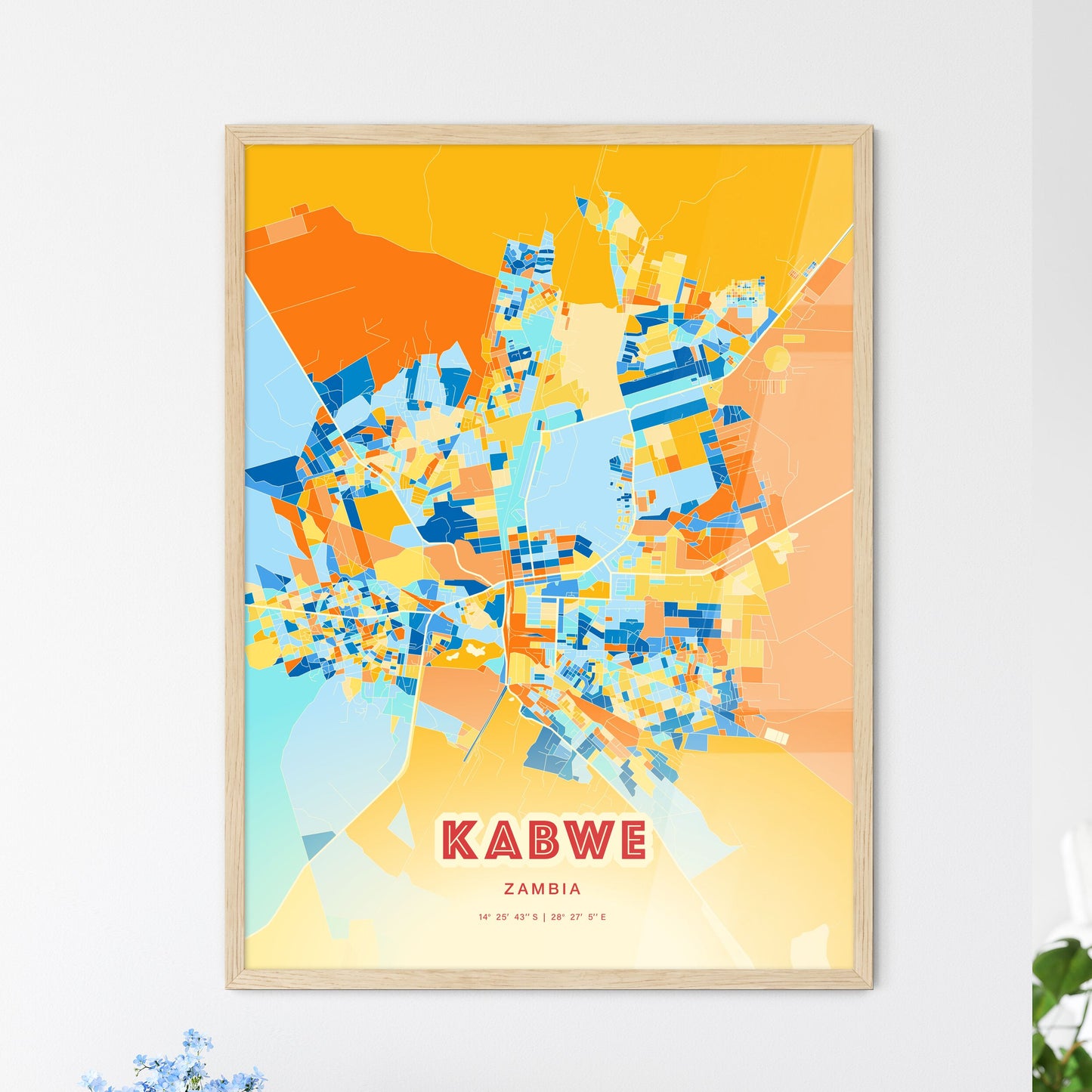 Colorful KABWE ZAMBIA Fine Art Map Blue Orange