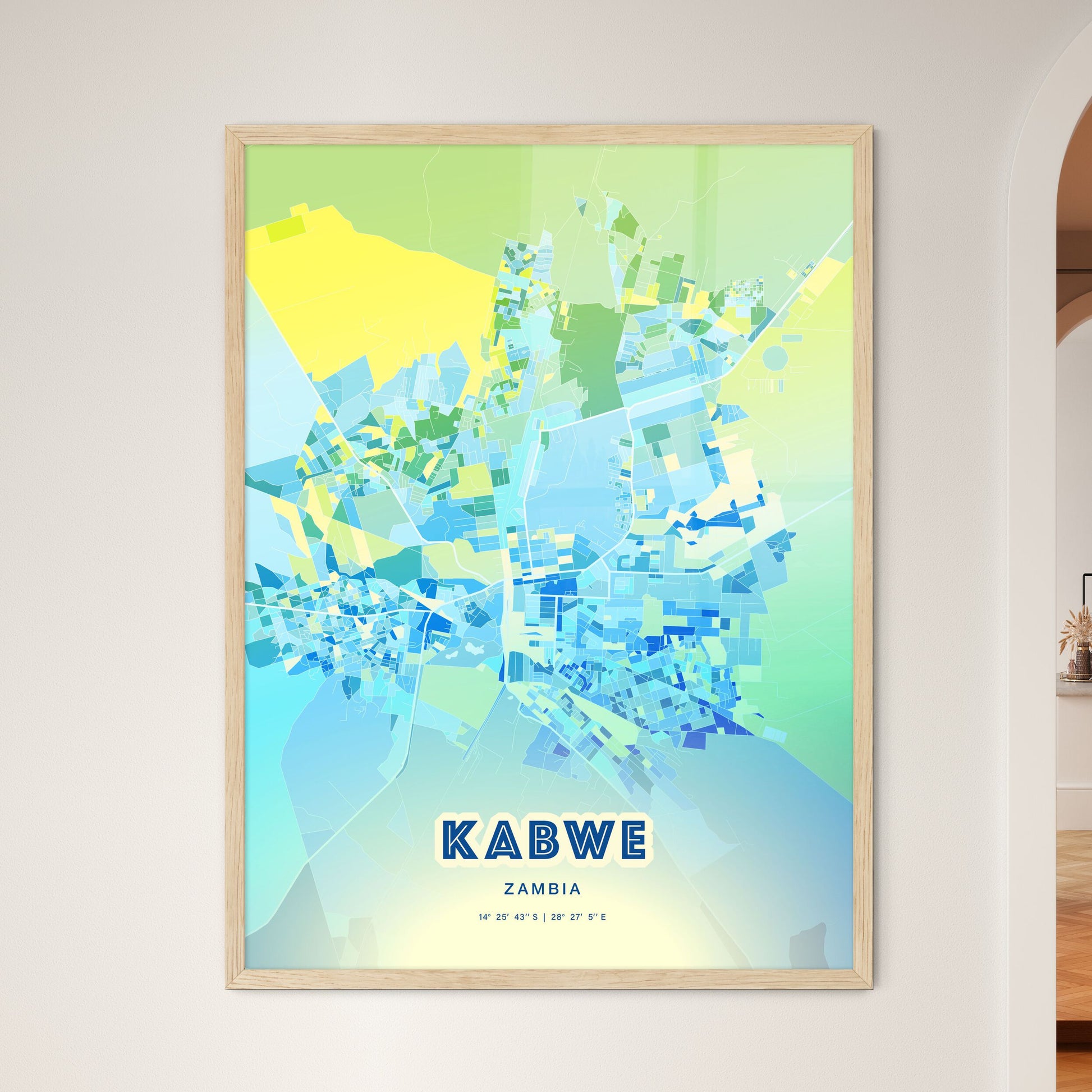 Colorful KABWE ZAMBIA Fine Art Map Cool Blue