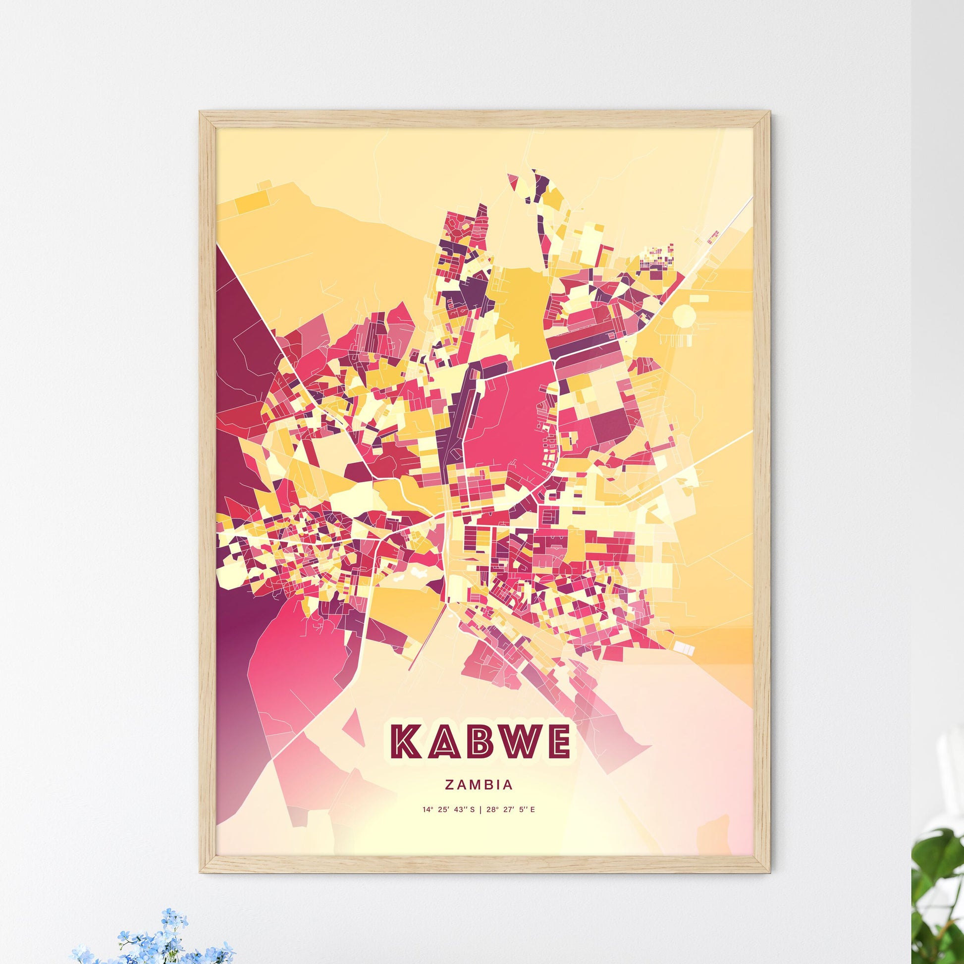 Colorful KABWE ZAMBIA Fine Art Map Hot Red