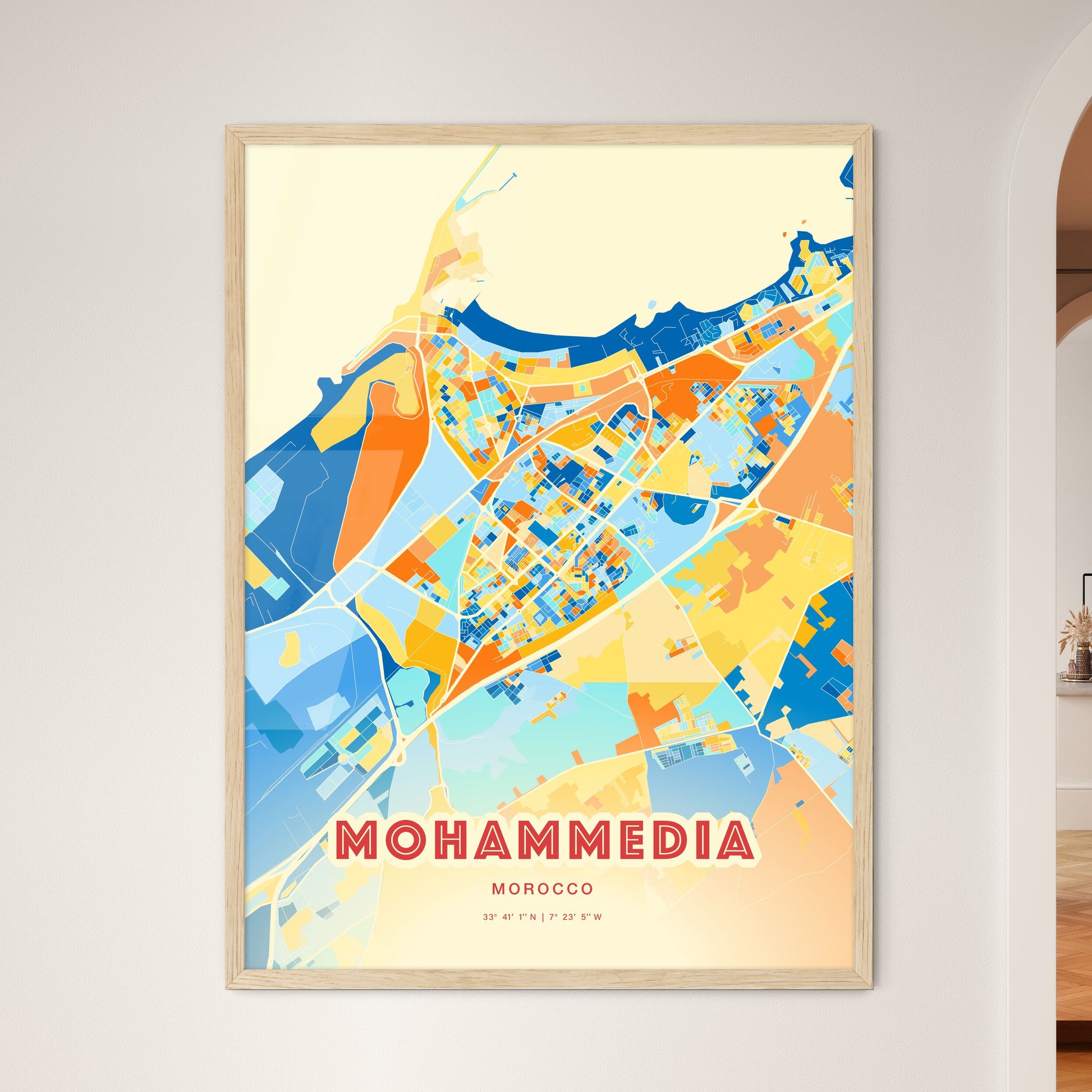 Colorful MOHAMMEDIA MOROCCO Fine Art Map Blue Orange