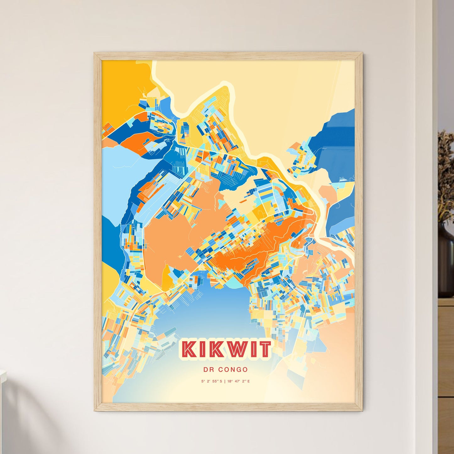 Colorful KIKWIT DR CONGO Fine Art Map Blue Orange