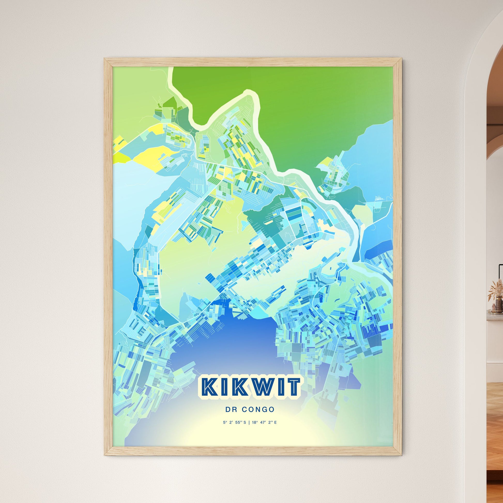 Colorful KIKWIT DR CONGO Fine Art Map Cool Blue