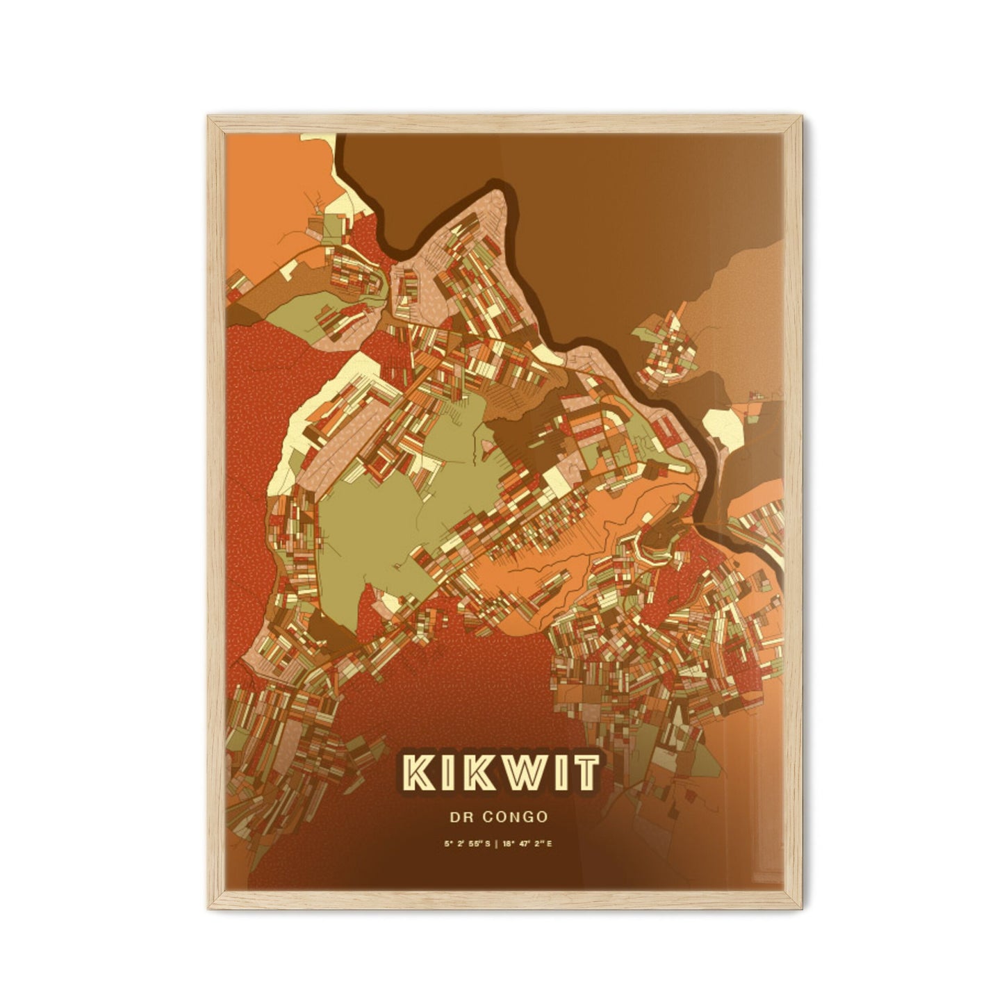 Colorful KIKWIT DR CONGO Fine Art Map Farmhouse