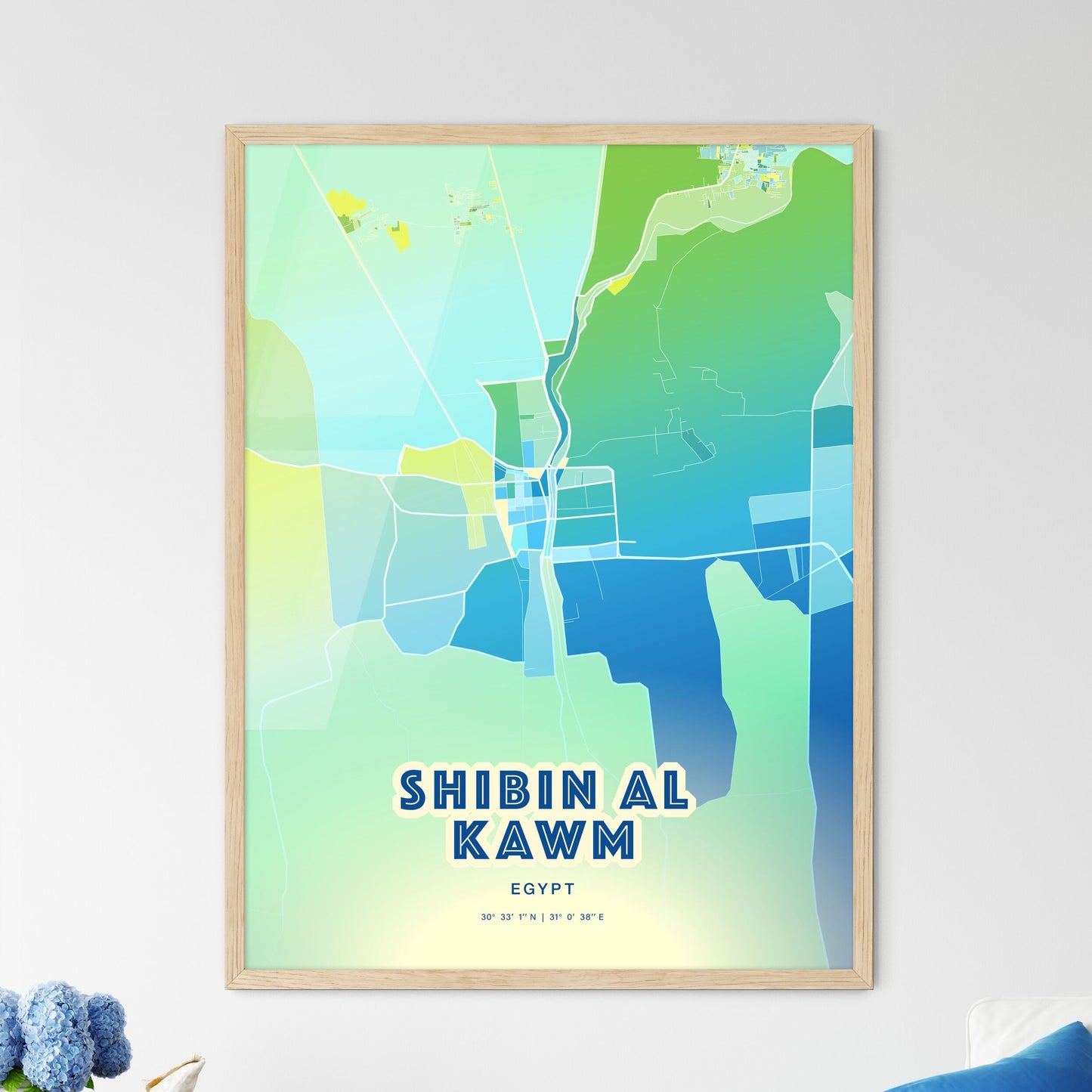 Colorful SHIBIN AL KAWM EGYPT Fine Art Map Cool Blue