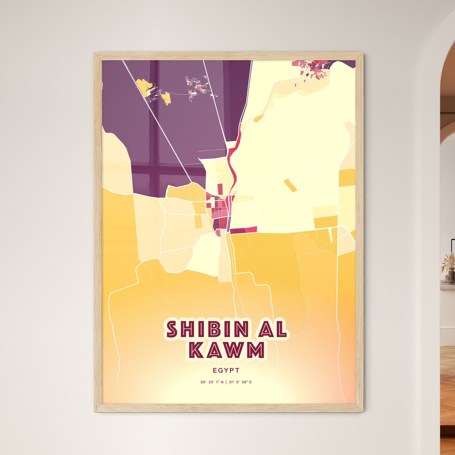 Colorful SHIBIN AL KAWM EGYPT Fine Art Map Hot Red