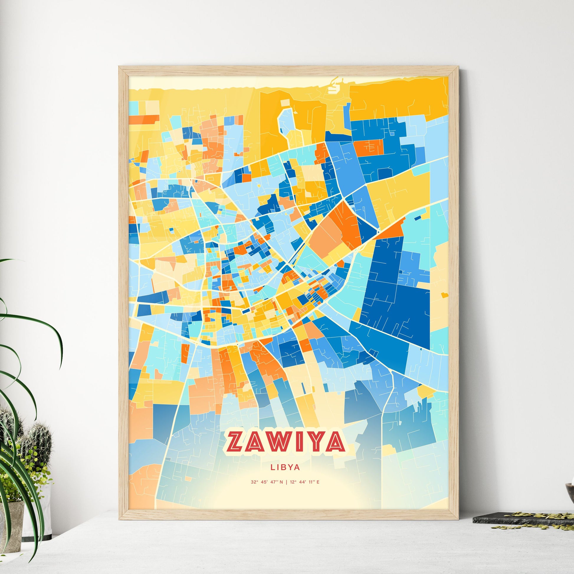 Colorful ZAWIYA LIBYA Fine Art Map Blue Orange