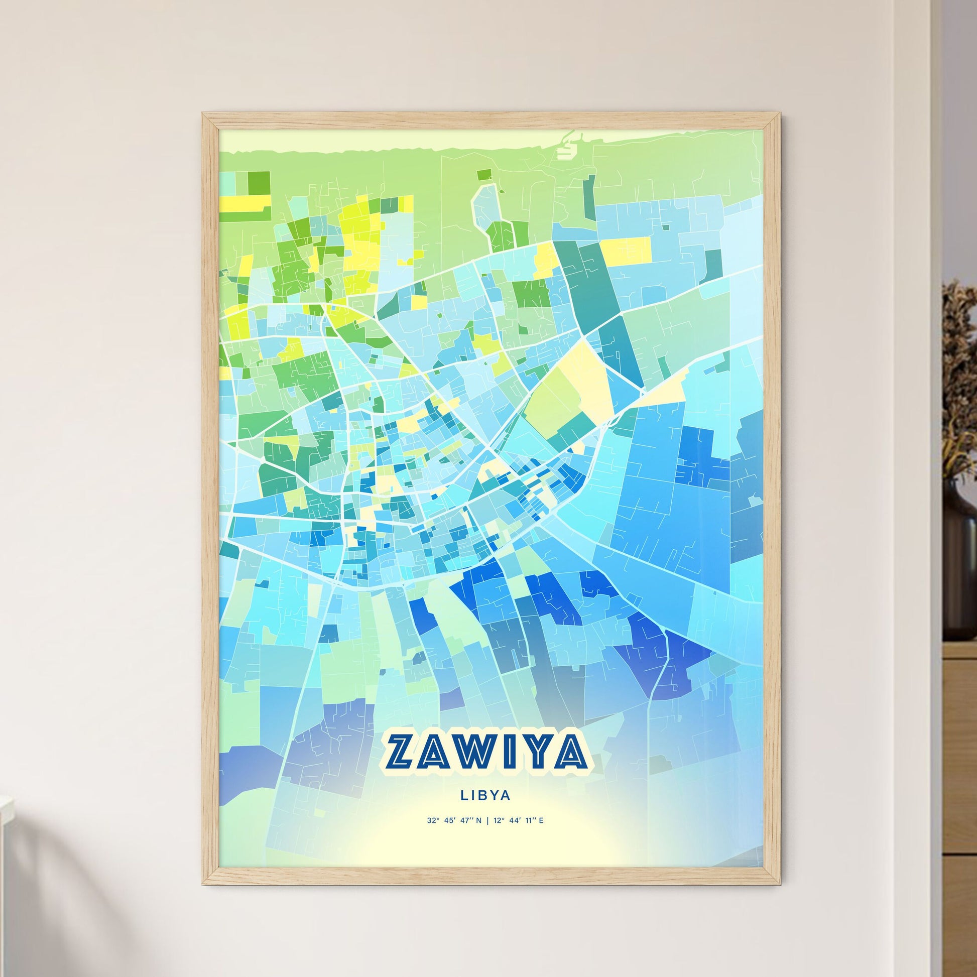 Colorful ZAWIYA LIBYA Fine Art Map Cool Blue