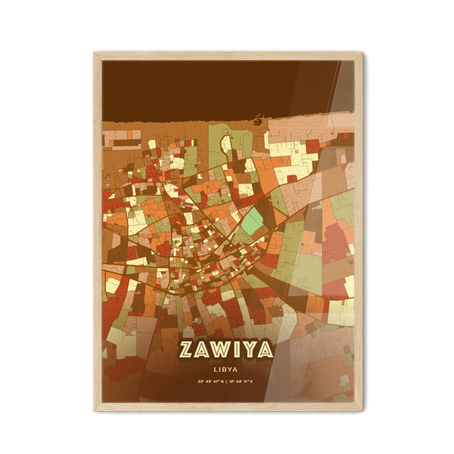 Colorful ZAWIYA LIBYA Fine Art Map Farmhouse