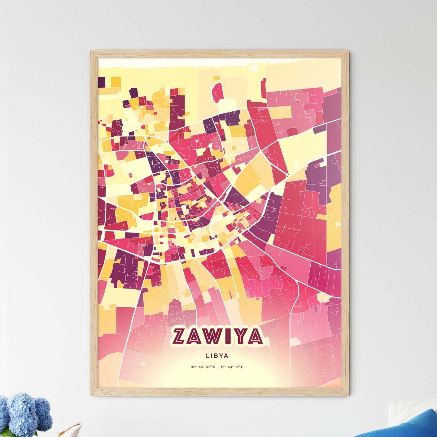 Colorful ZAWIYA LIBYA Fine Art Map Hot Red