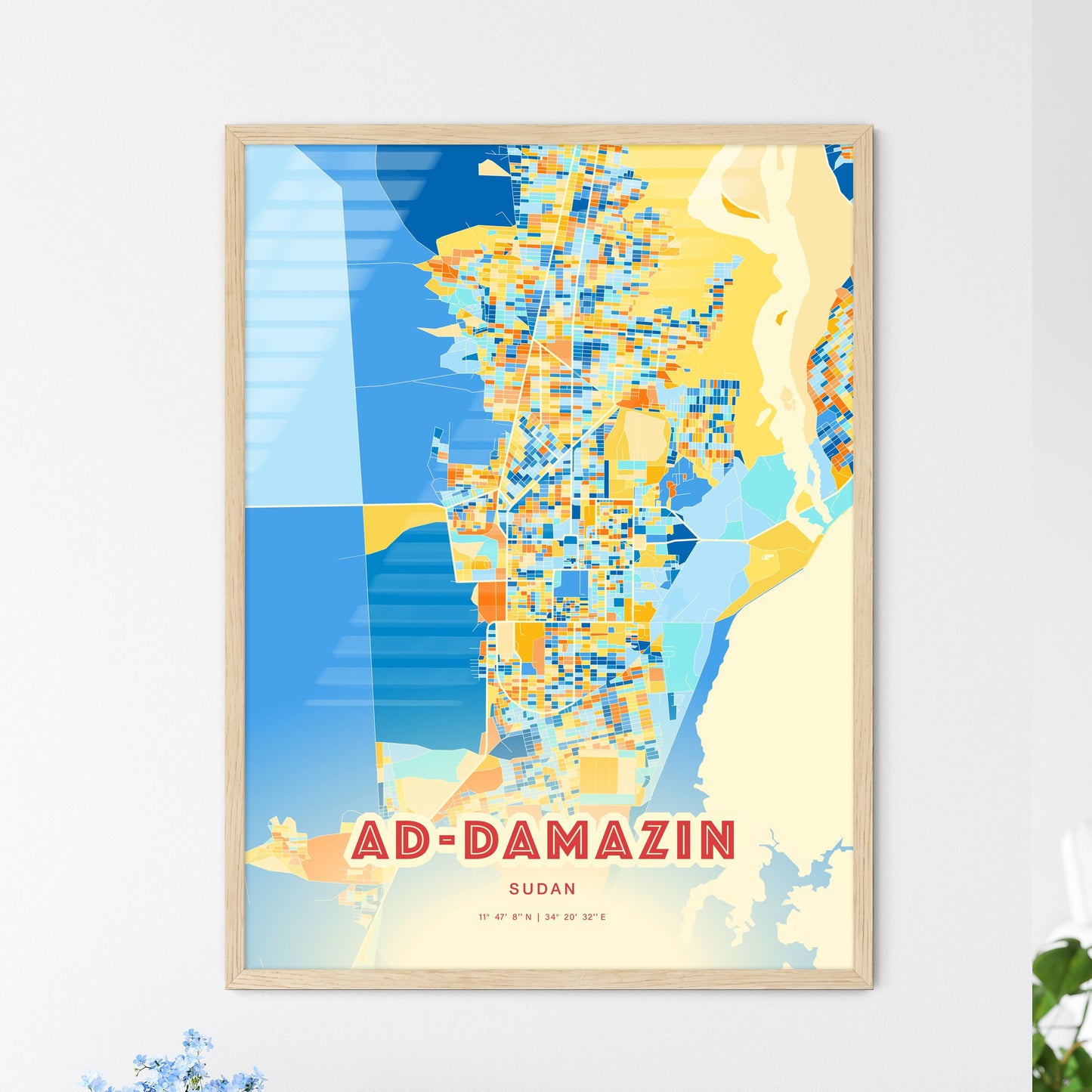 Colorful AD-DAMAZIN SUDAN Fine Art Map Blue Orange