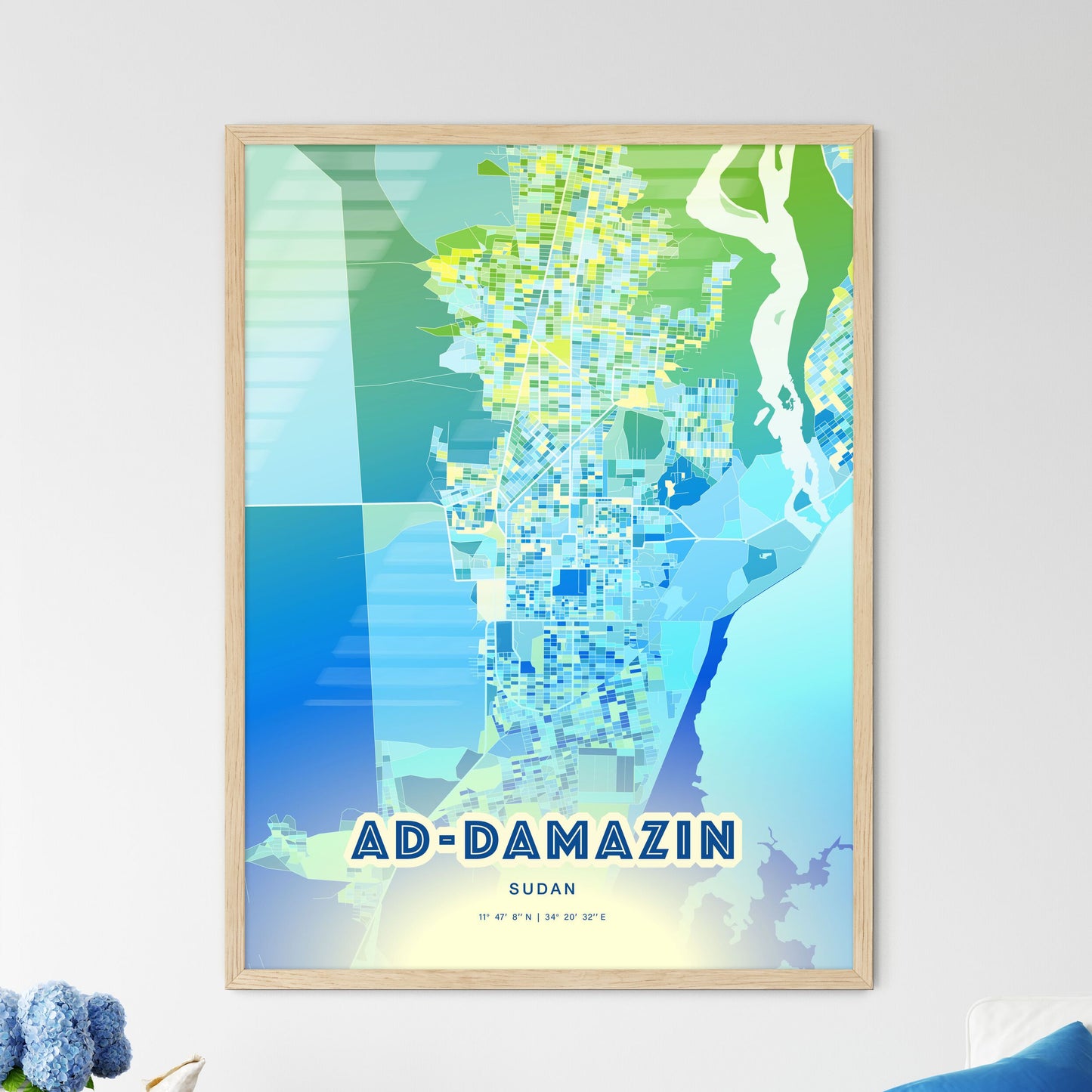 Colorful AD-DAMAZIN SUDAN Fine Art Map Cool Blue