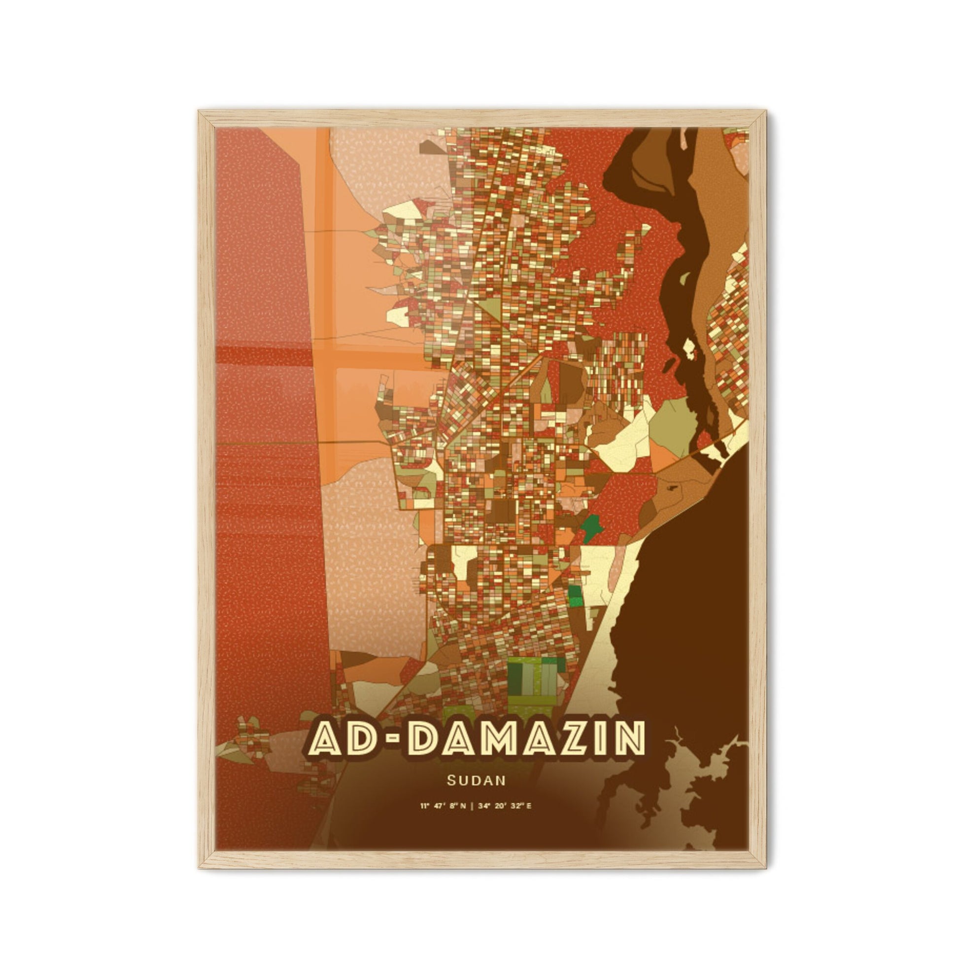 Colorful AD-DAMAZIN SUDAN Fine Art Map Farmhouse