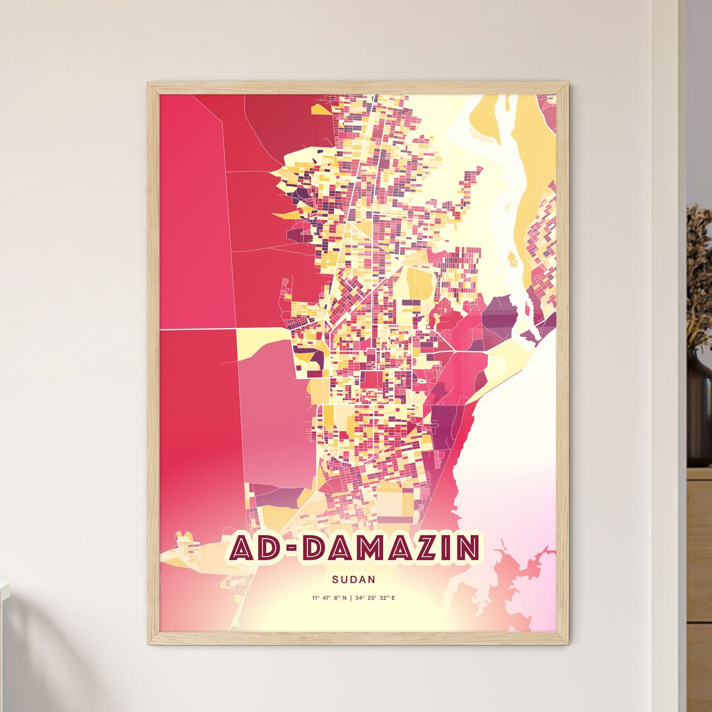 Colorful AD-DAMAZIN SUDAN Fine Art Map Hot Red