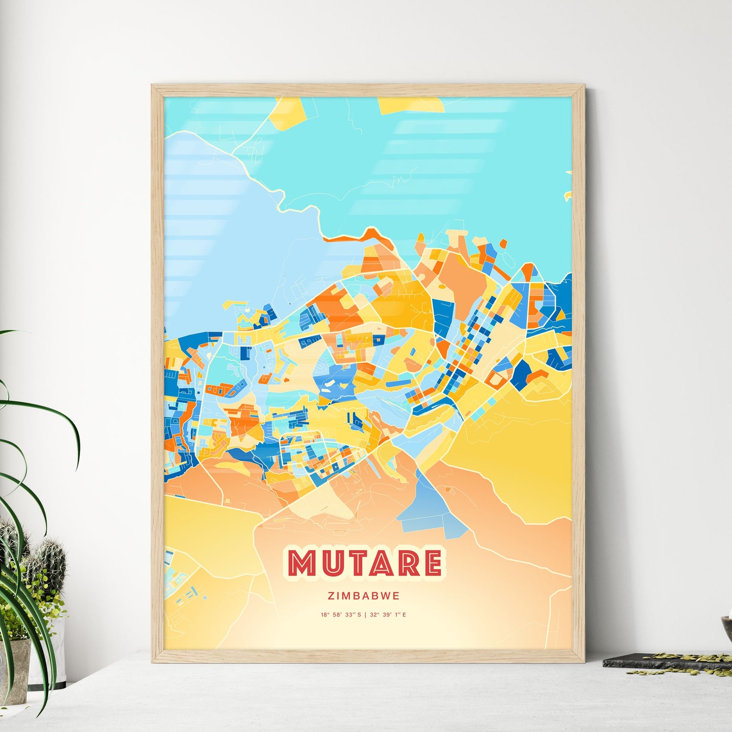 Colorful MUTARE ZIMBABWE Fine Art Map Blue Orange