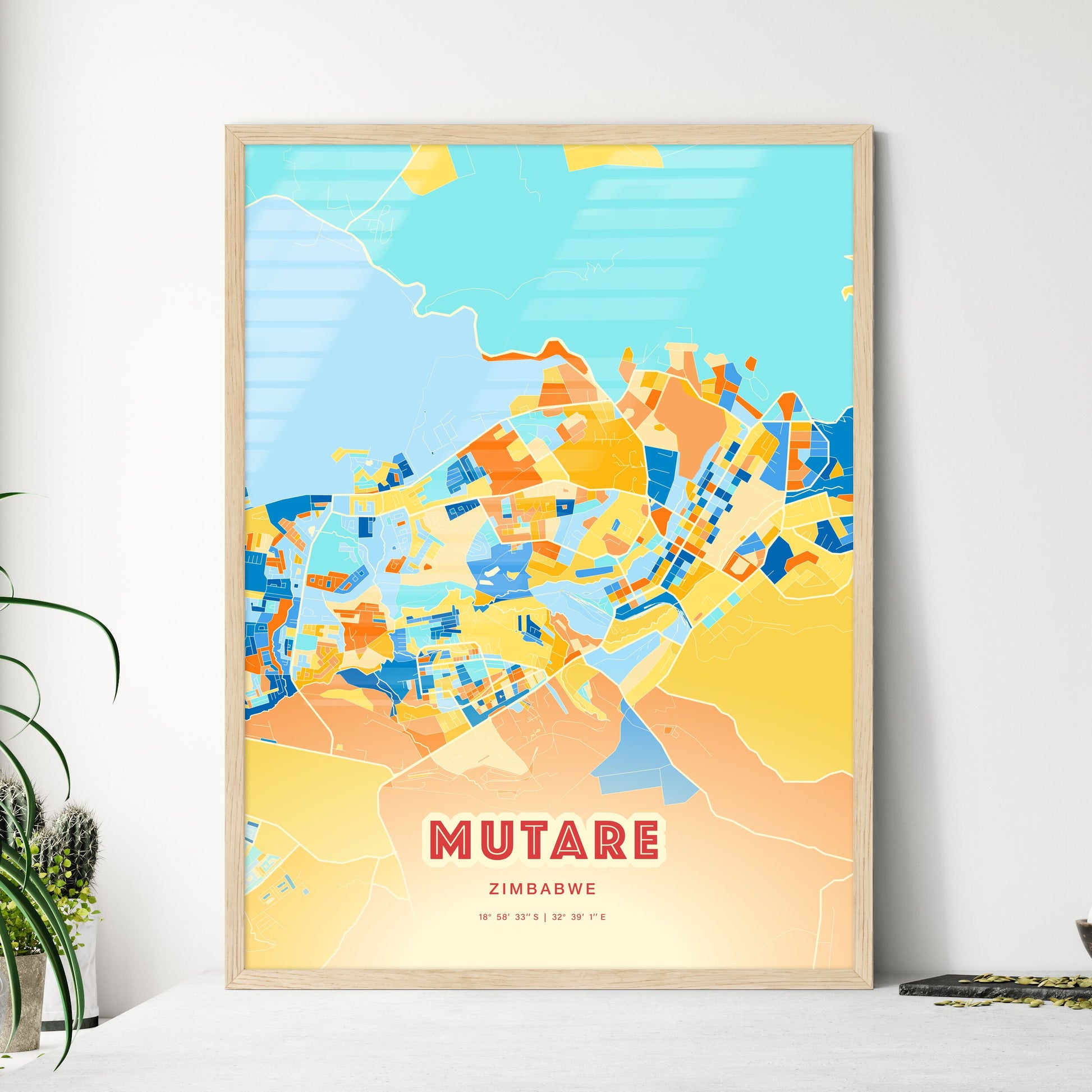 Colorful MUTARE ZIMBABWE Fine Art Map Blue Orange