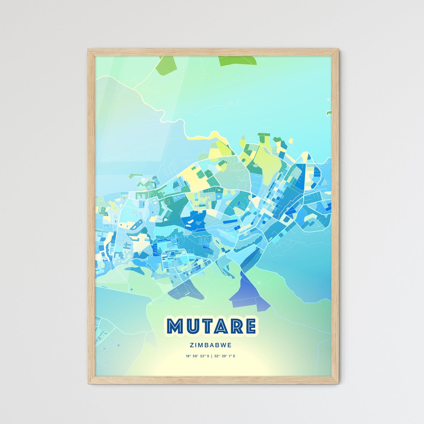 Colorful MUTARE ZIMBABWE Fine Art Map Cool Blue