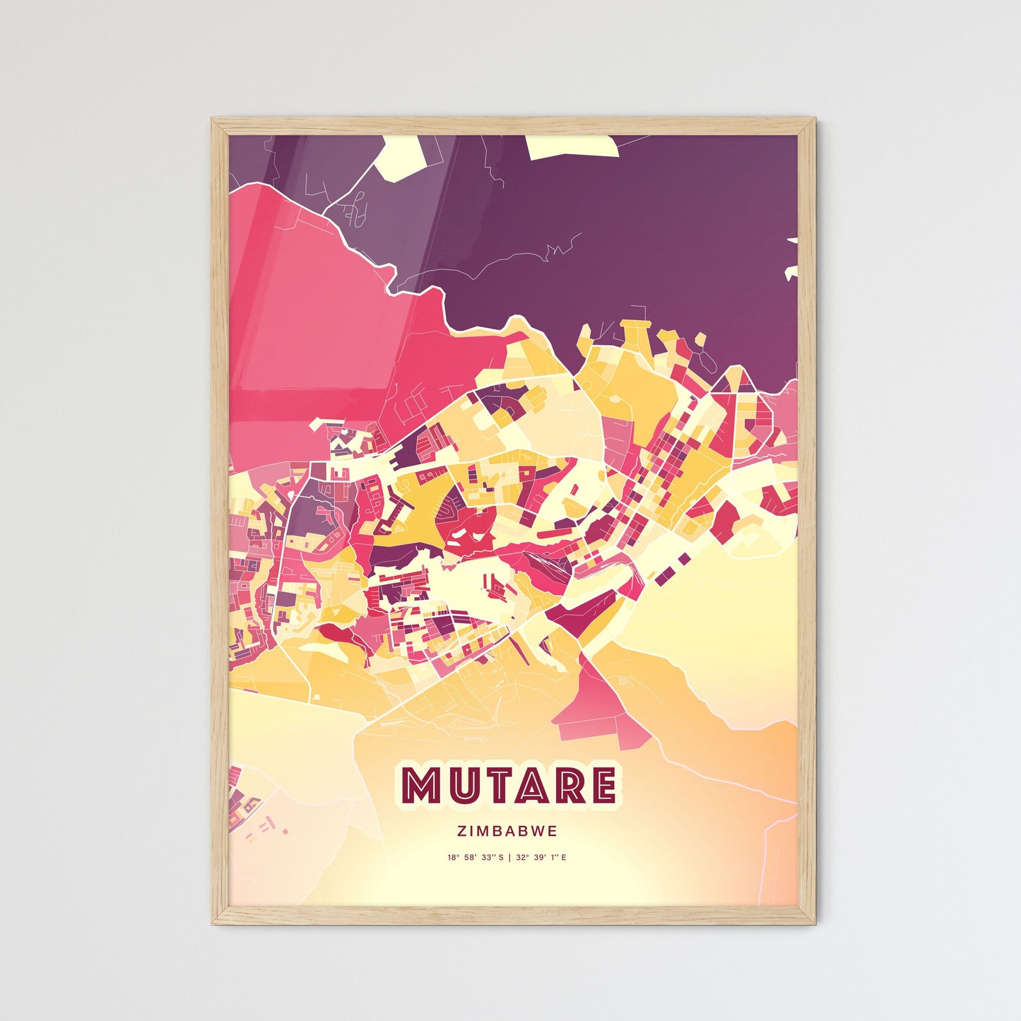 Colorful MUTARE ZIMBABWE Fine Art Map Hot Red