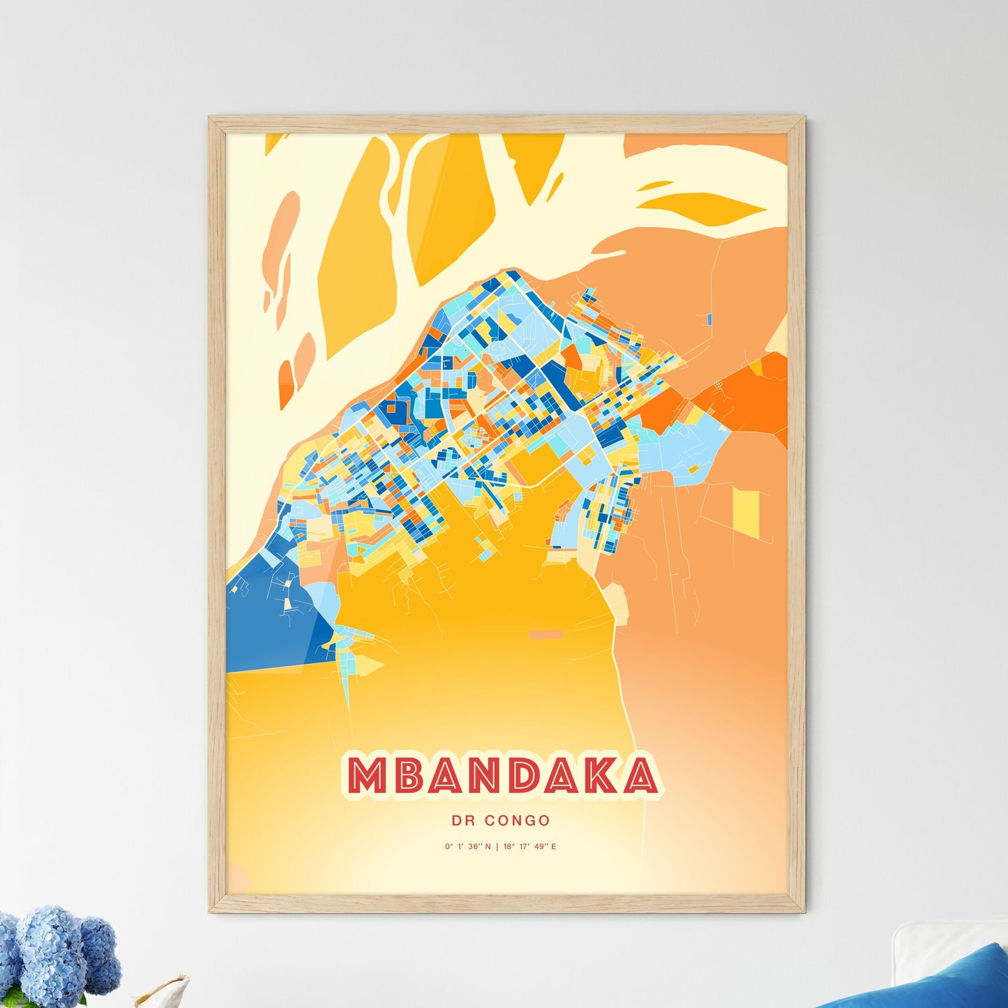 Colorful MBANDAKA DR CONGO Fine Art Map Blue Orange